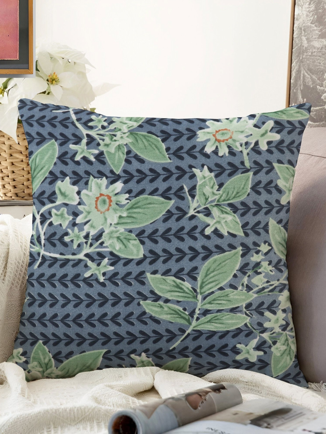 IVAZA Blue Floral Cotton Double-Sided Square Cushion Cover - 23.6 x 23.6 Inches