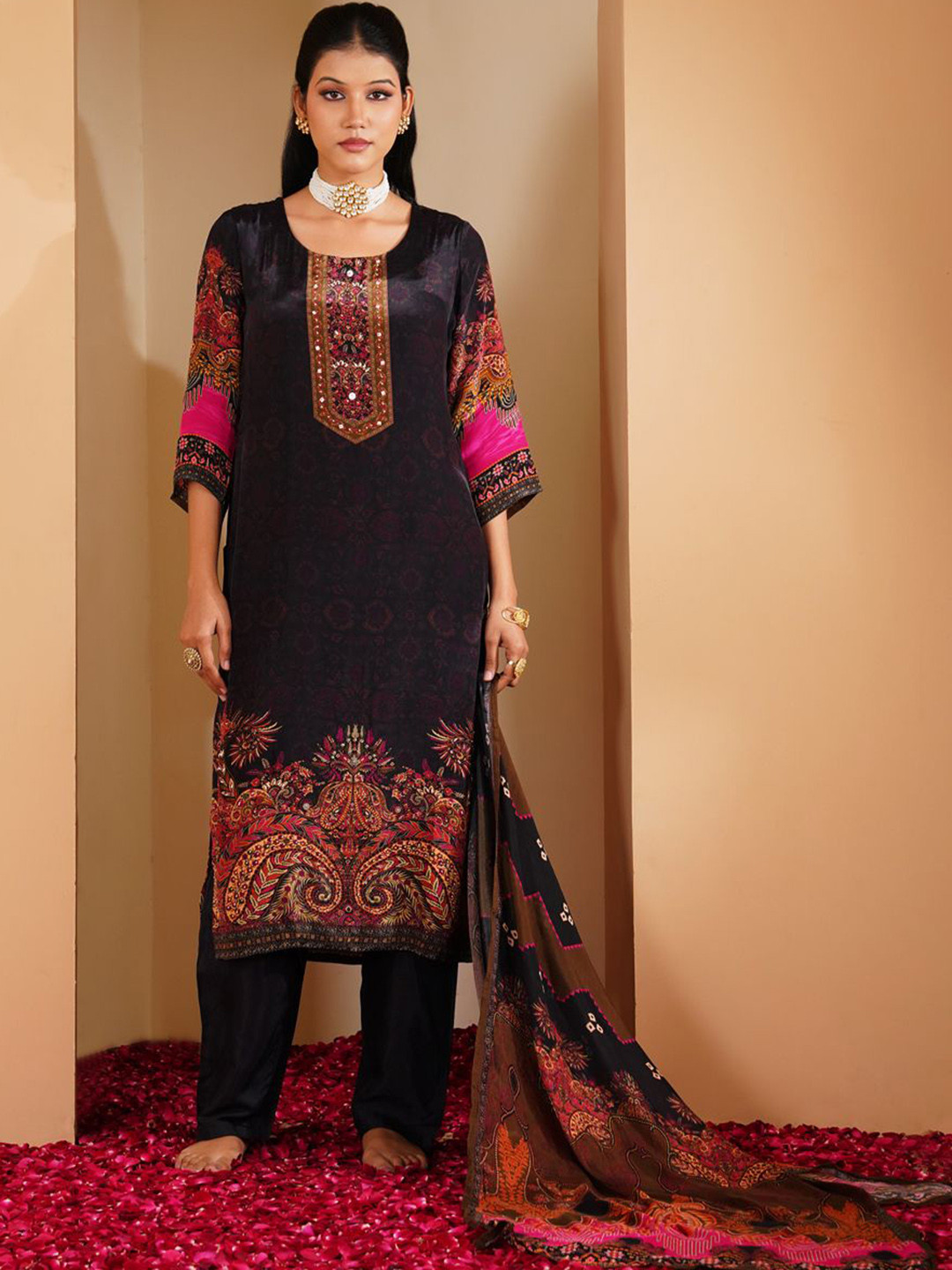 Shop Begum Floral Printed Regular Silk Crepe Straight Kurta With Trousers & Dupatta