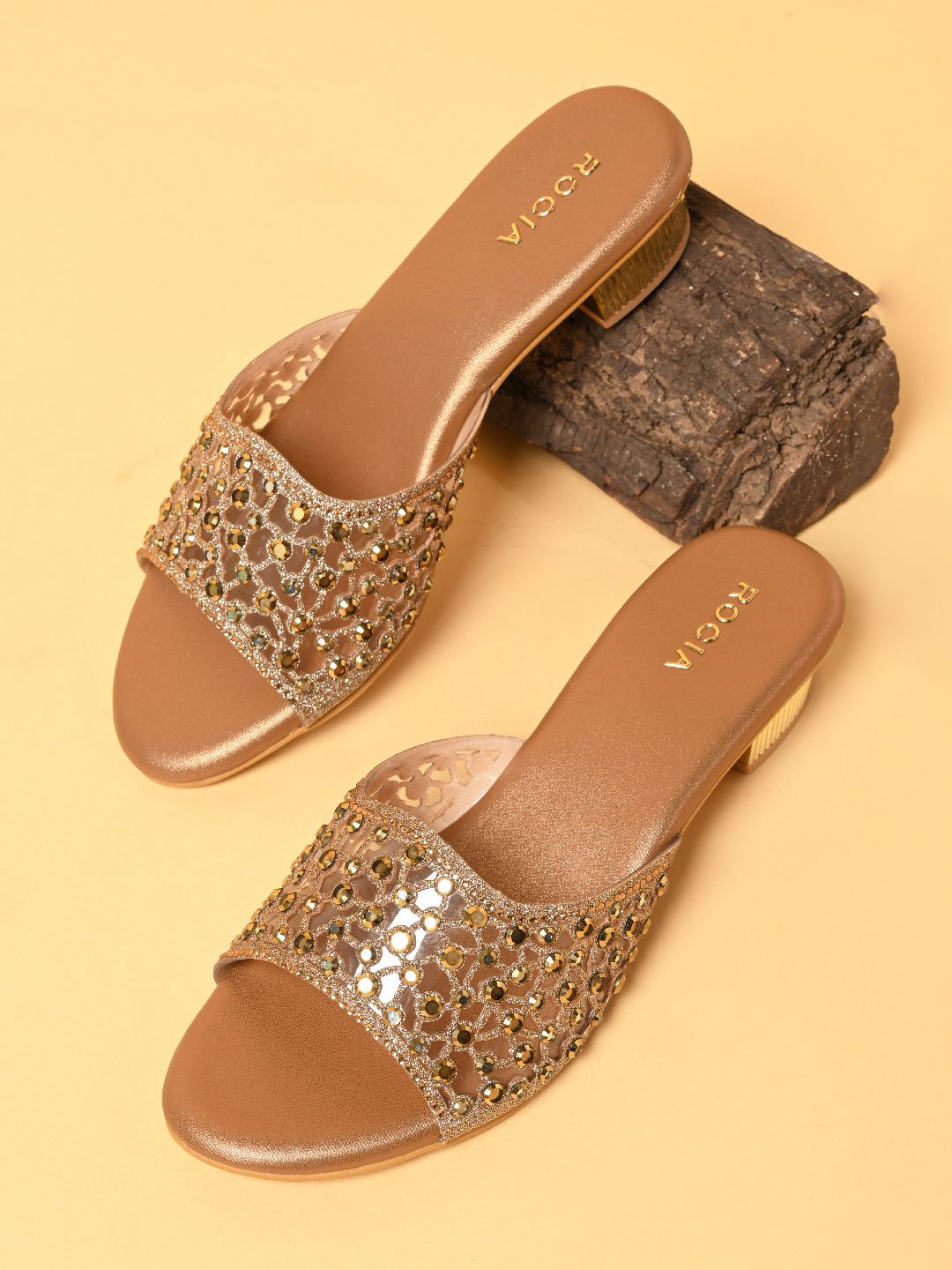 Rocia By Regal Antique Gold Women Fancy Mesh Studded Block Heel Sandals