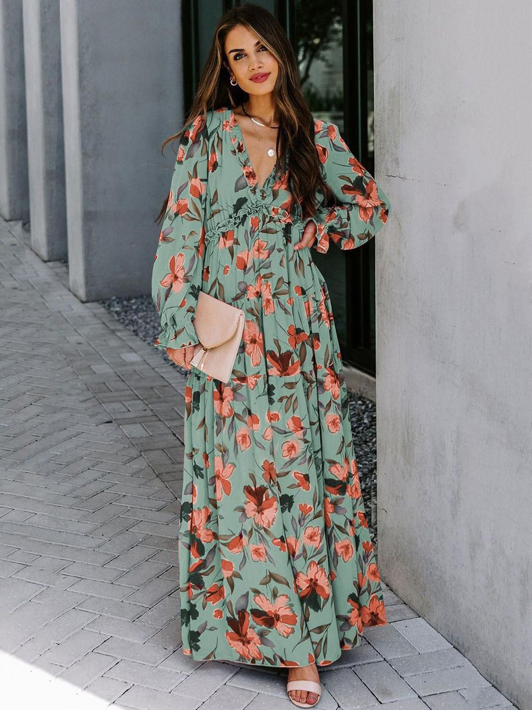 bebe Floral Print V-Neck Long Sleeve Maxi Dress