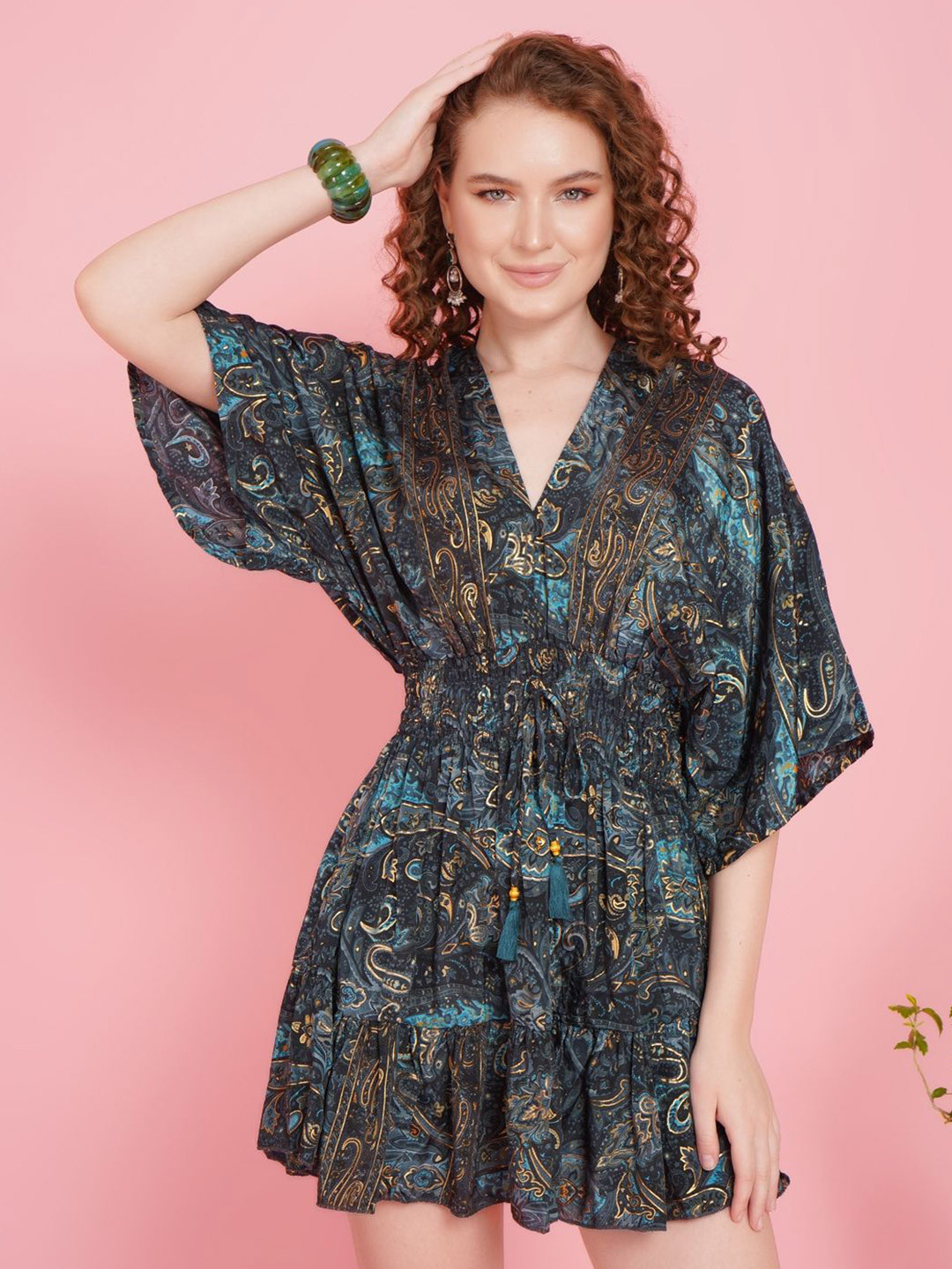 Boholyfe Ethnic Motifs Printed Kimono Sleeve Fit & Flare Mini Dress