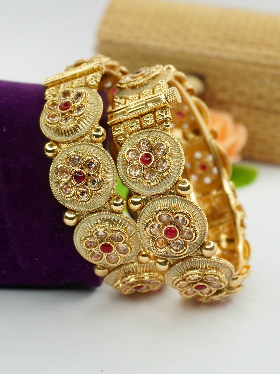 Panini jewels Set Of 2 Gold-Plated American Diamond & Ruby Studded Bangles