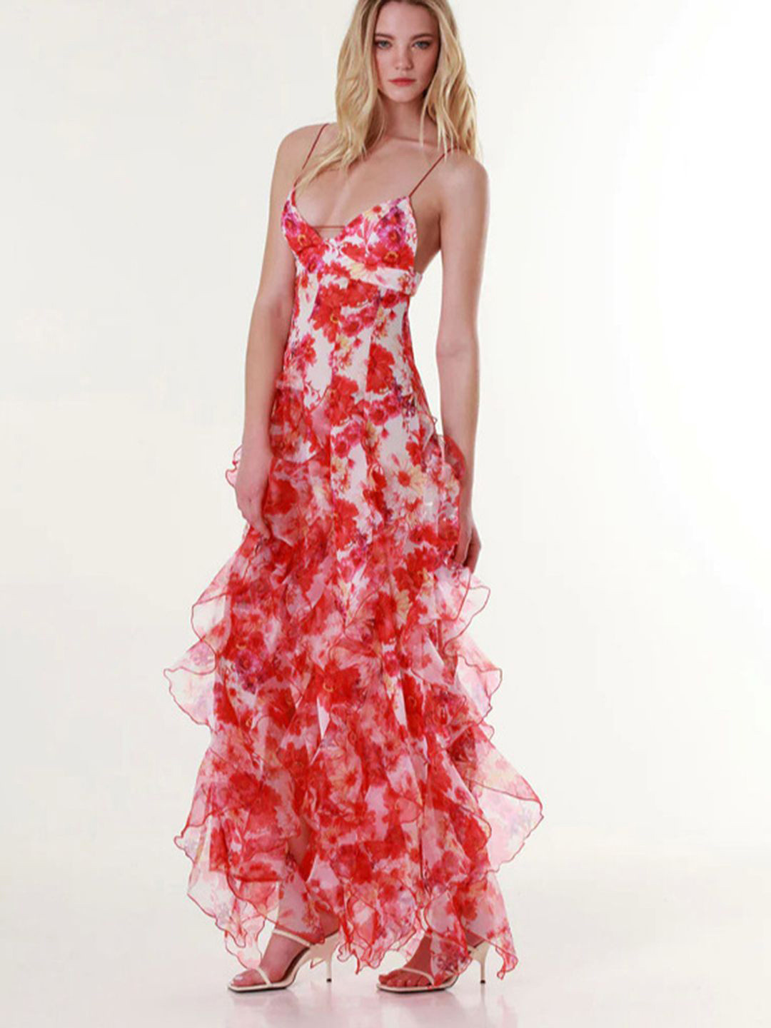 bebe Red Floral Print Spaghetti Strap Ruffled Maxi Dress