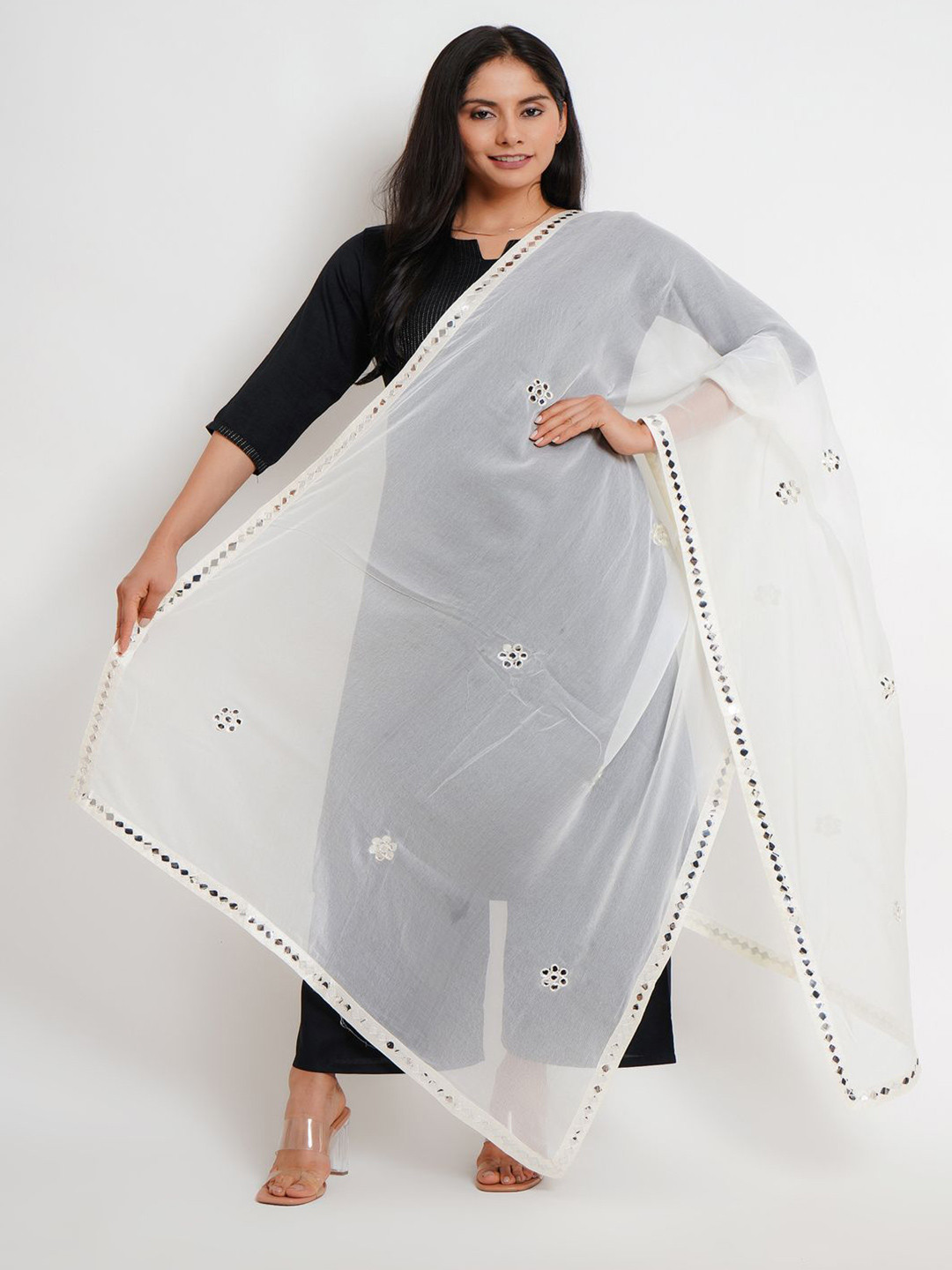 Karthav Fashion Floral Embroidered Mirror Work Chiffon Barfi Dupatta