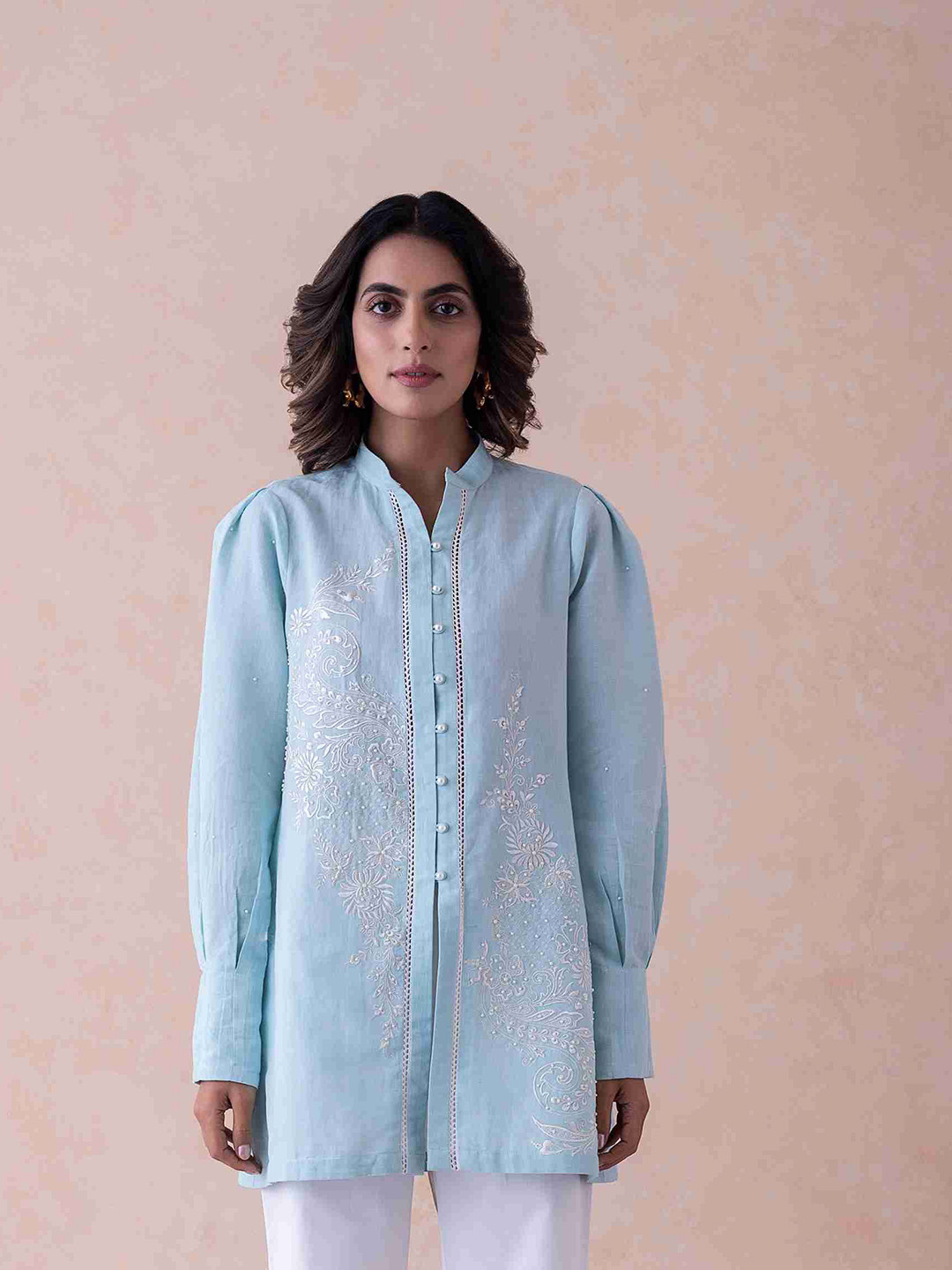 Label Naariti Women Self Design Embroidered Shirt Style Top