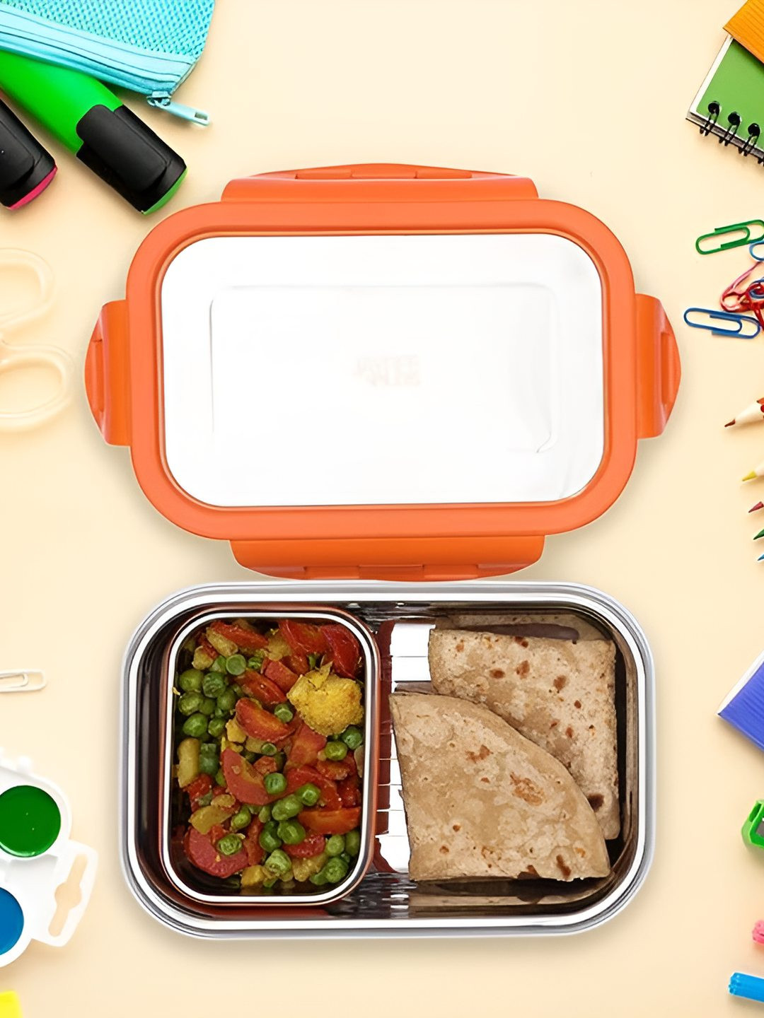 JAYPEE PLUS CAPTAINS Orange Solid Plastic Easy to Clean 2PCs Lunch Box With Spoon and Fork