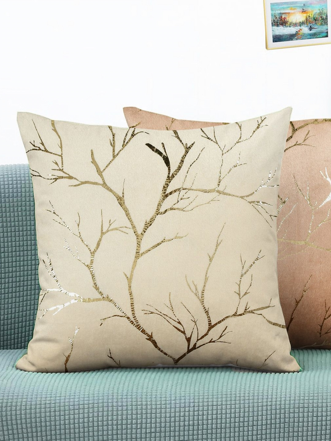 IVAZA Cream Self Design Velvet Reversible 2 Pcs Square Cushion Covers - 11.8 x 11.8 In