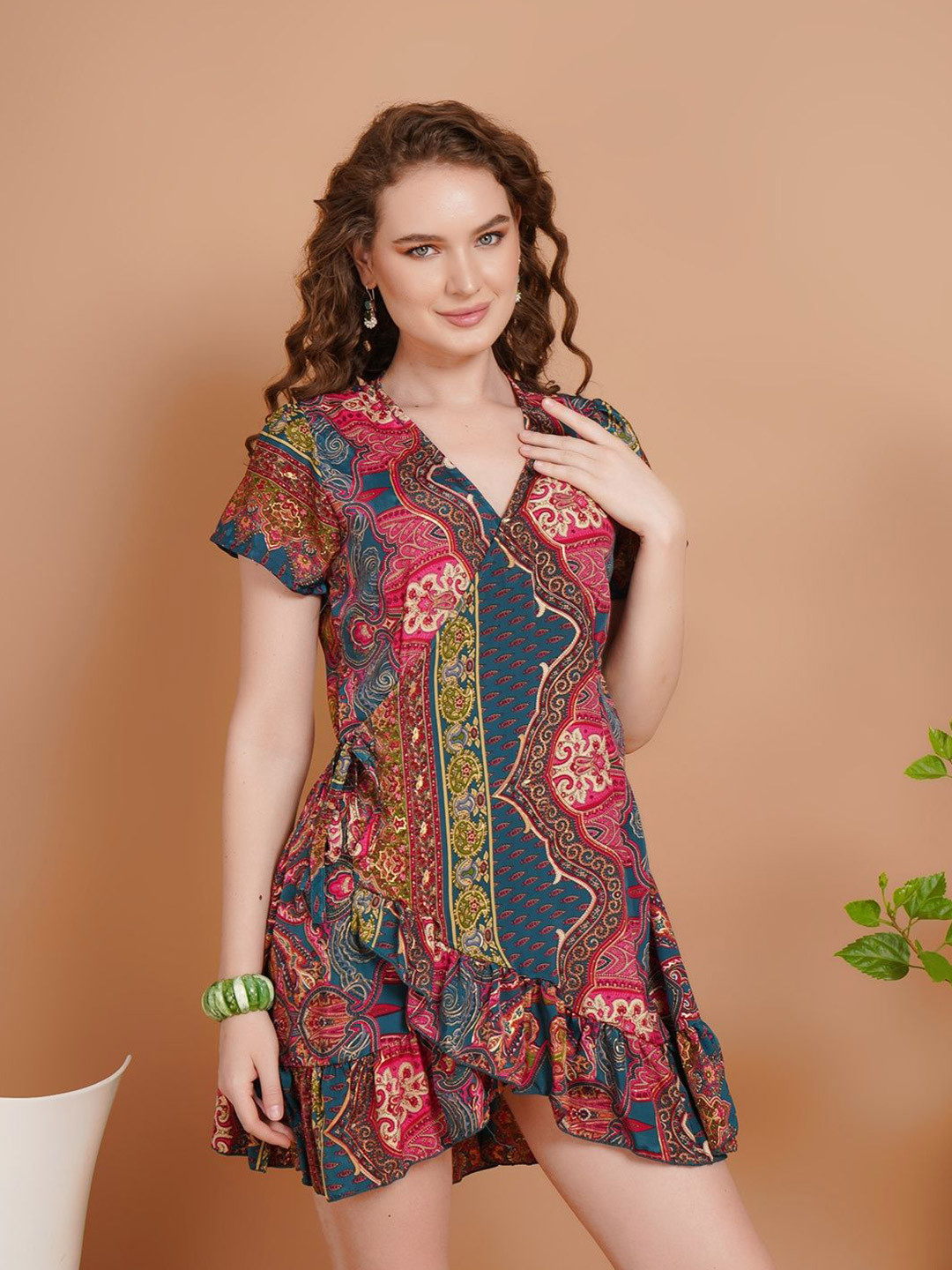 Boholyfe Amara Teal Garden Mini Angrakha Dress