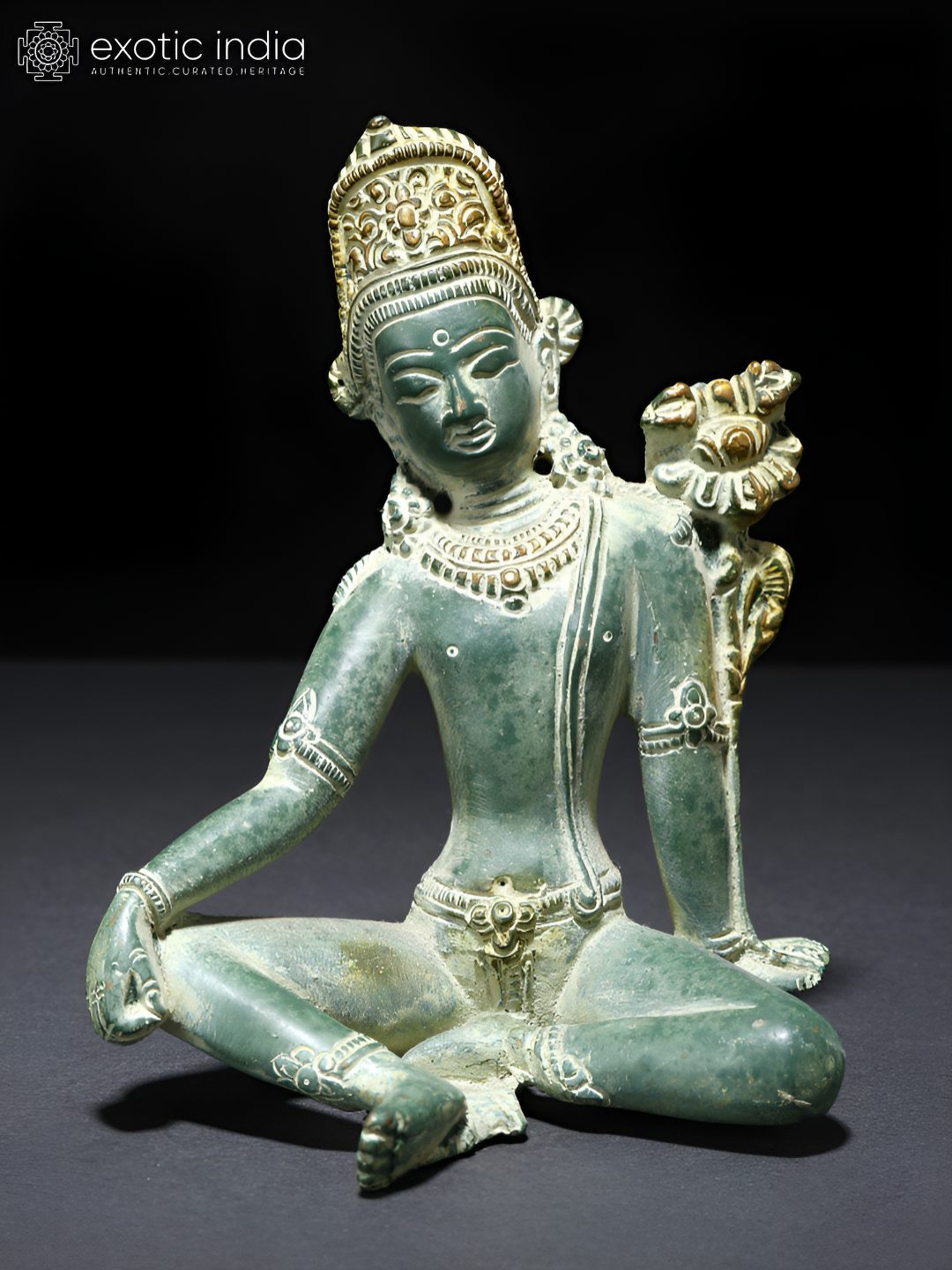 Exotic India Tibetan Buddhist Deity Lord indra Green Brass Metallic Living Room Small Showpiece - 5.2 Inches