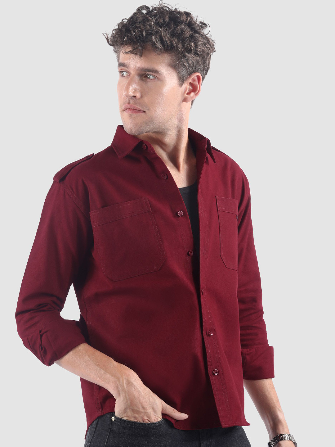 Beyoung Men Maroon Shoulder Flap Cotton Shirt