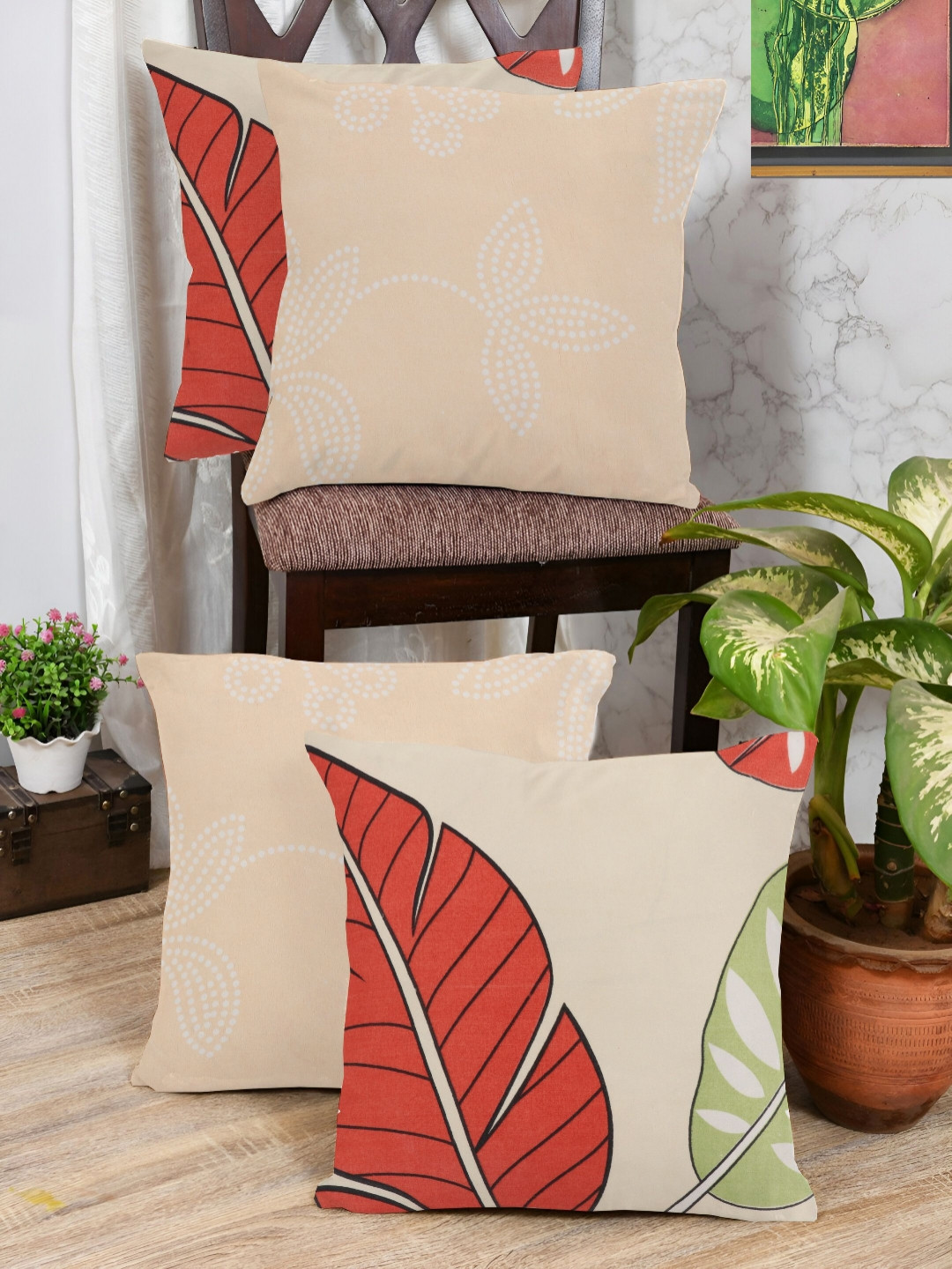 IVAZA Soft & Comfoartable Leaf Cotton Double-Sided 4 Pcs Square Cushion Covers -12x12In