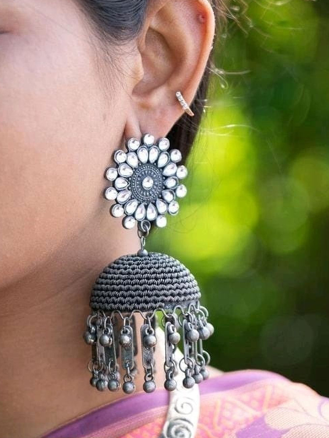Sangria Silver Plated Artificial Stones Studded & Beaded Oxidised Dome Shaped Jhumkas