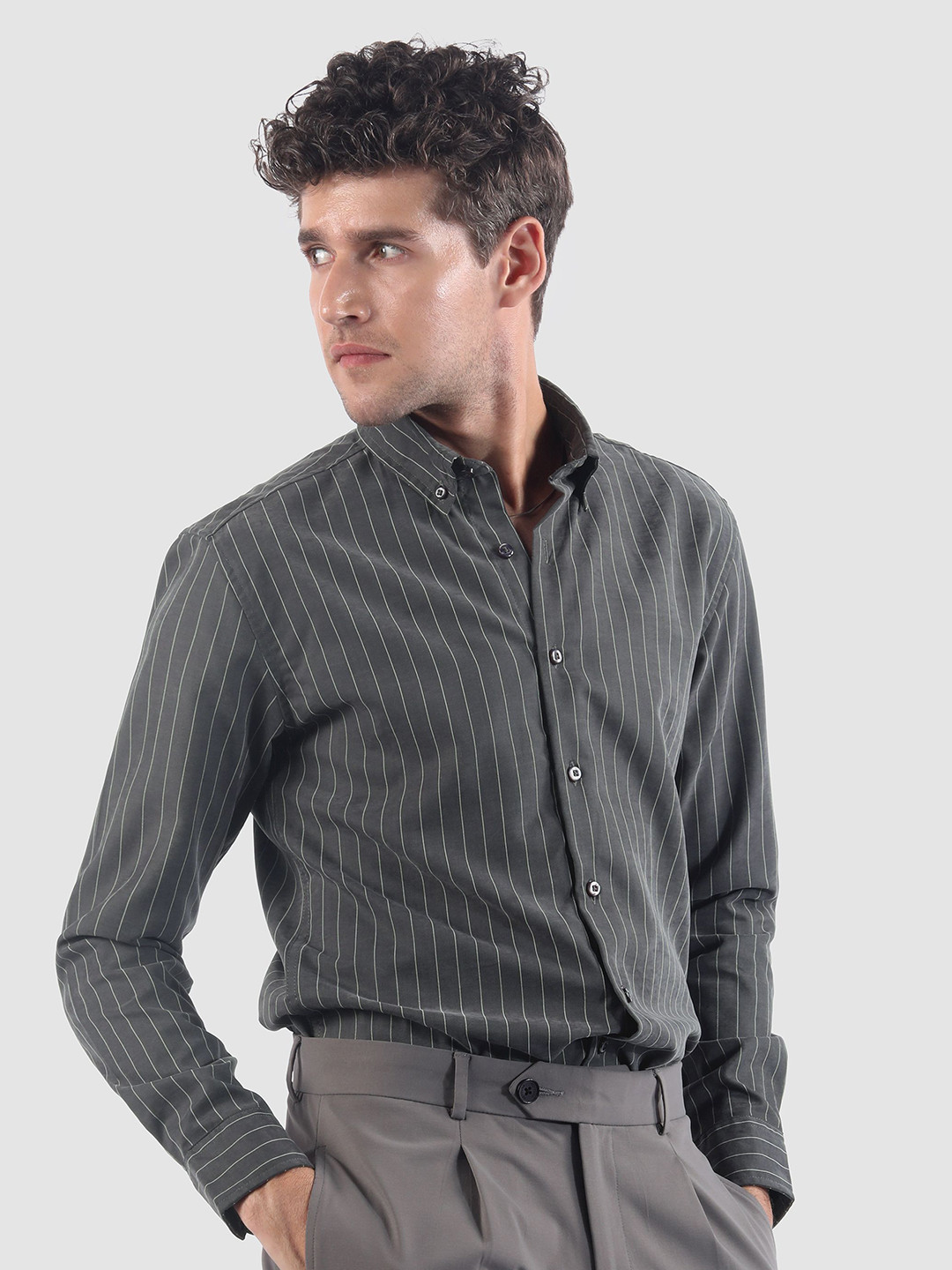 Beyoung Men Dark Grey Stripe Button Down Collar Shirt