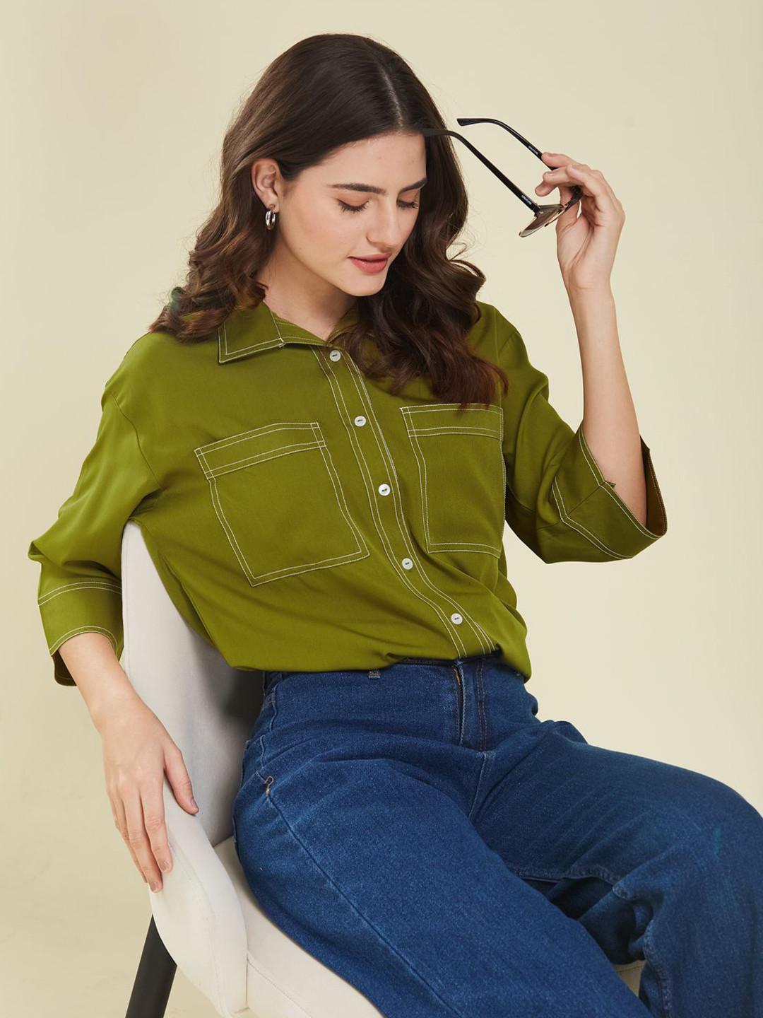 J Turritopsis Women Solid Chest Pocket Regular Shirt