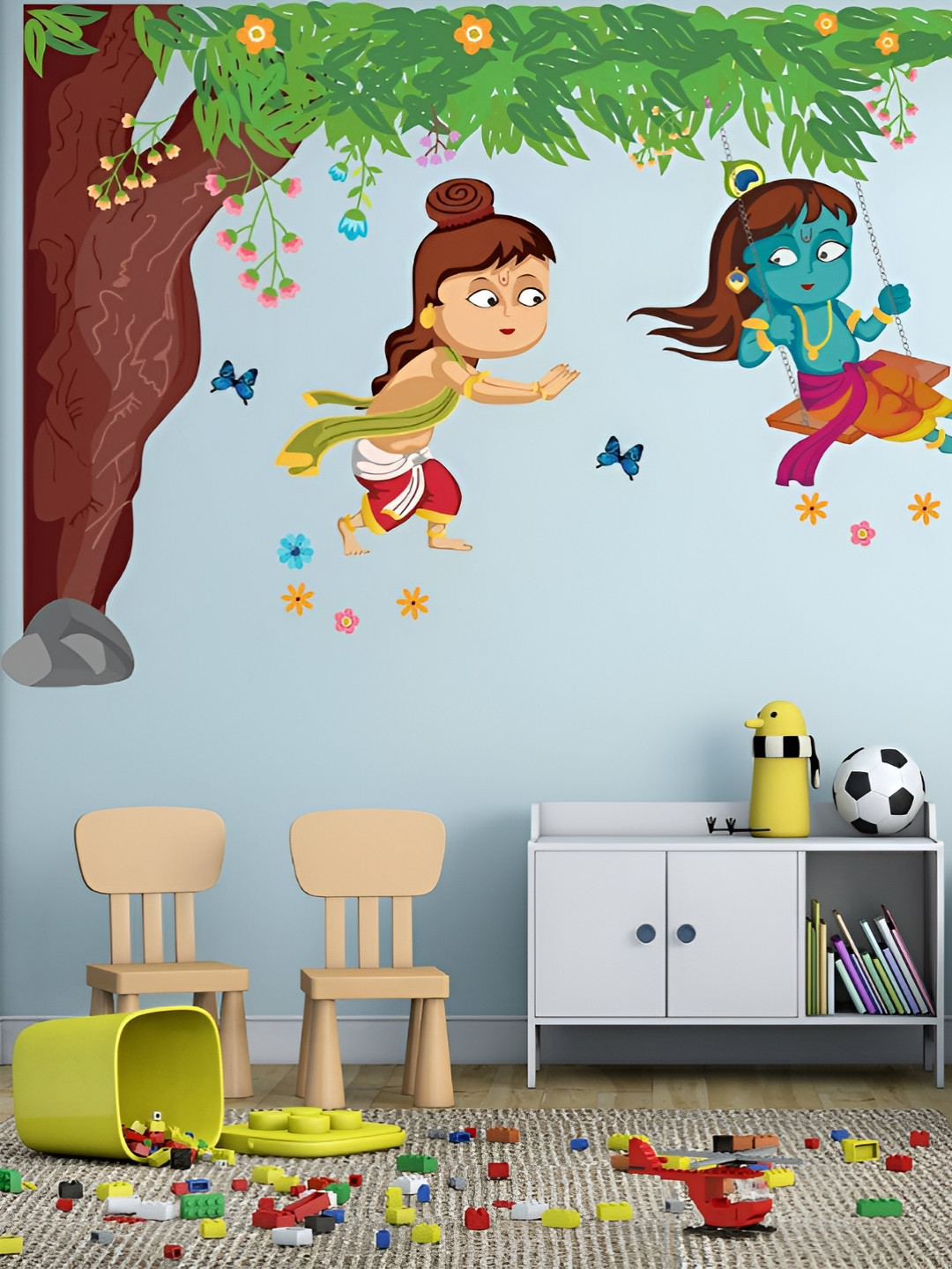 LANSTICK Green & Blue Tree With God Krishna Self Adhesive Wall Sticker