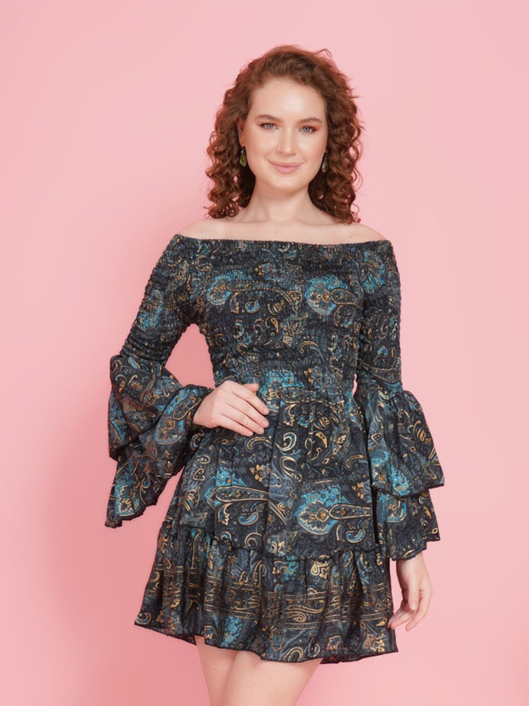 Boholyfe Luna Bloom Elegance Women Bell Sleeve Fit & Flare Mini Dress