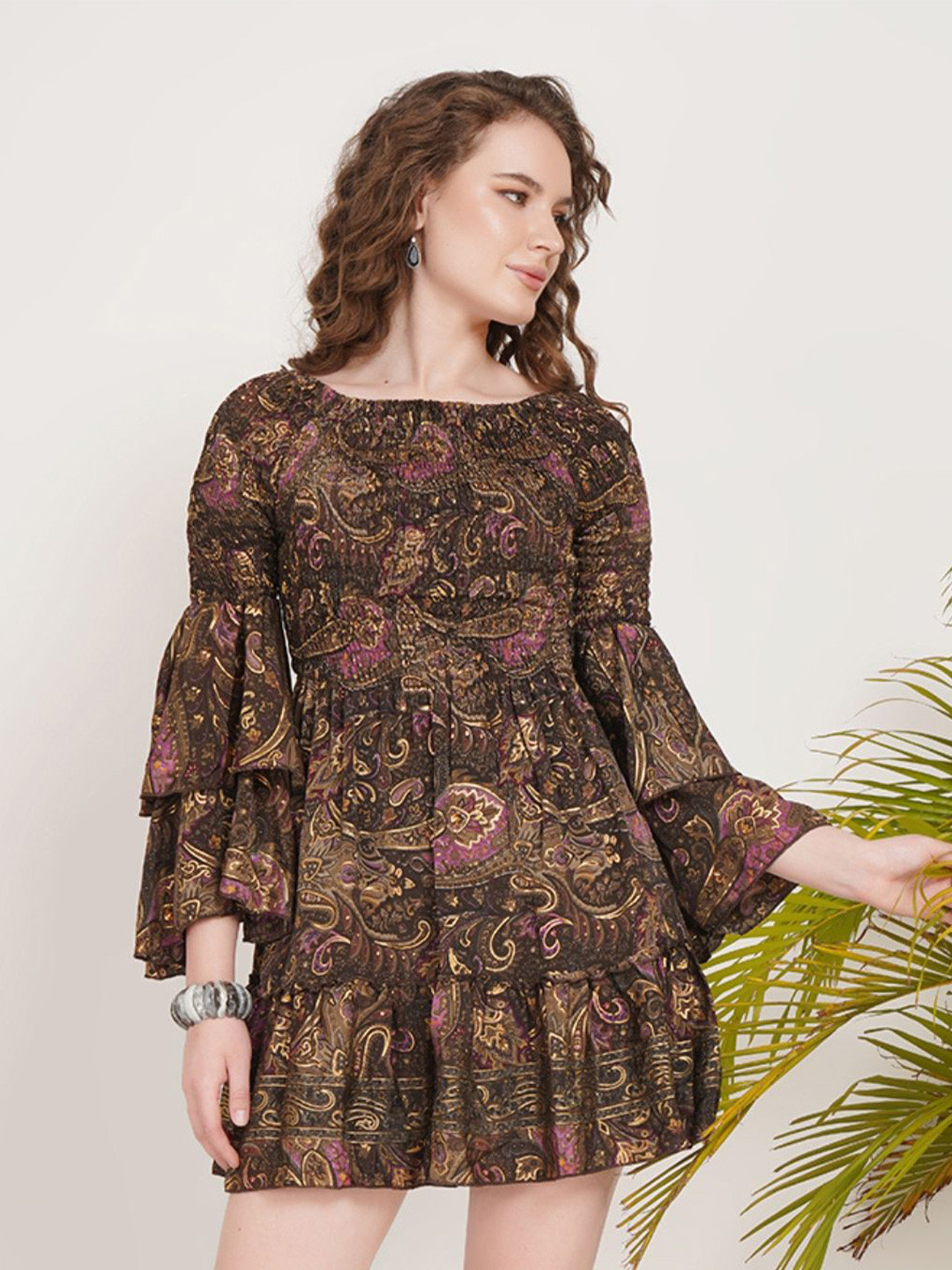 Boholyfe Twilight plum ruffle sleeve mini dress