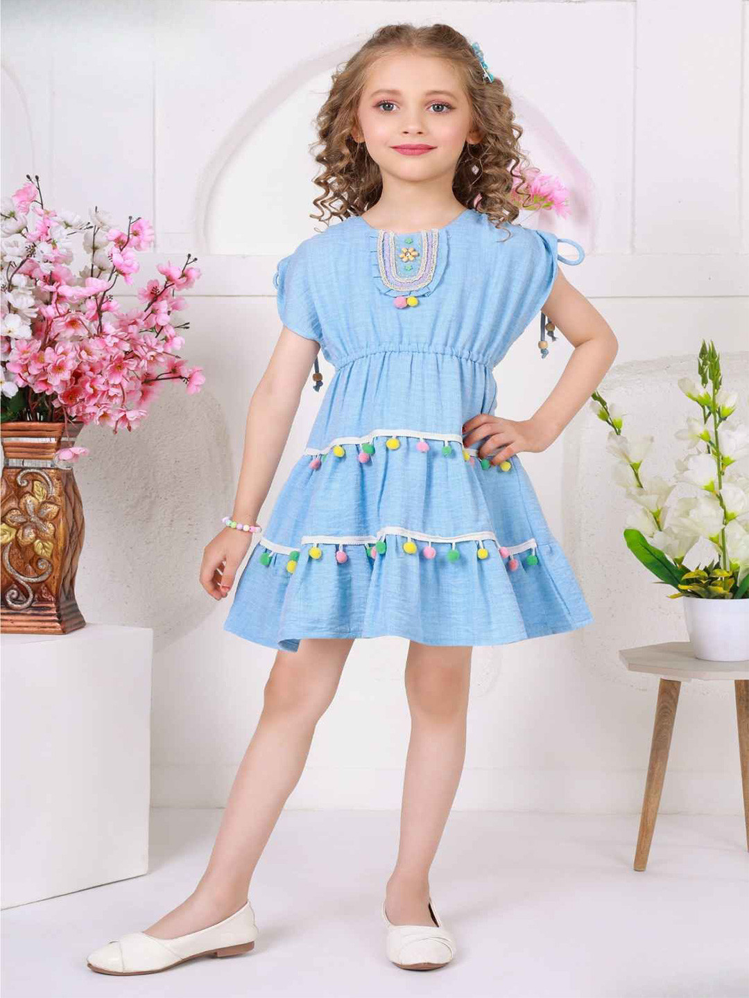 Lagorii Light Blue Pom-Pom Cotton Frock with Embroidered Yoke For Girls