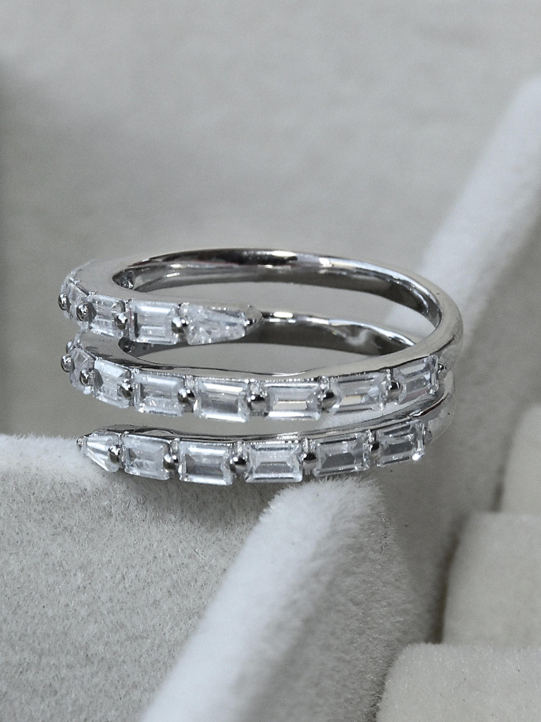 Satlaa 925 Pure Real Sterling Silver Baguette Diamond Coil Adjustable Female Finger Ring