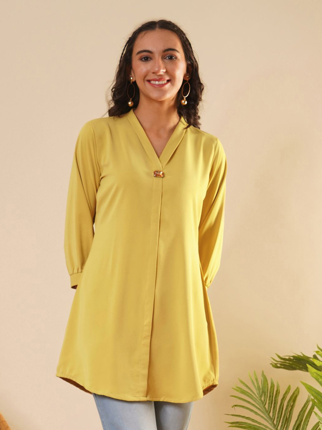 ZOLA Women V Neckline Rayon Solid Lime Green Straight Tunic