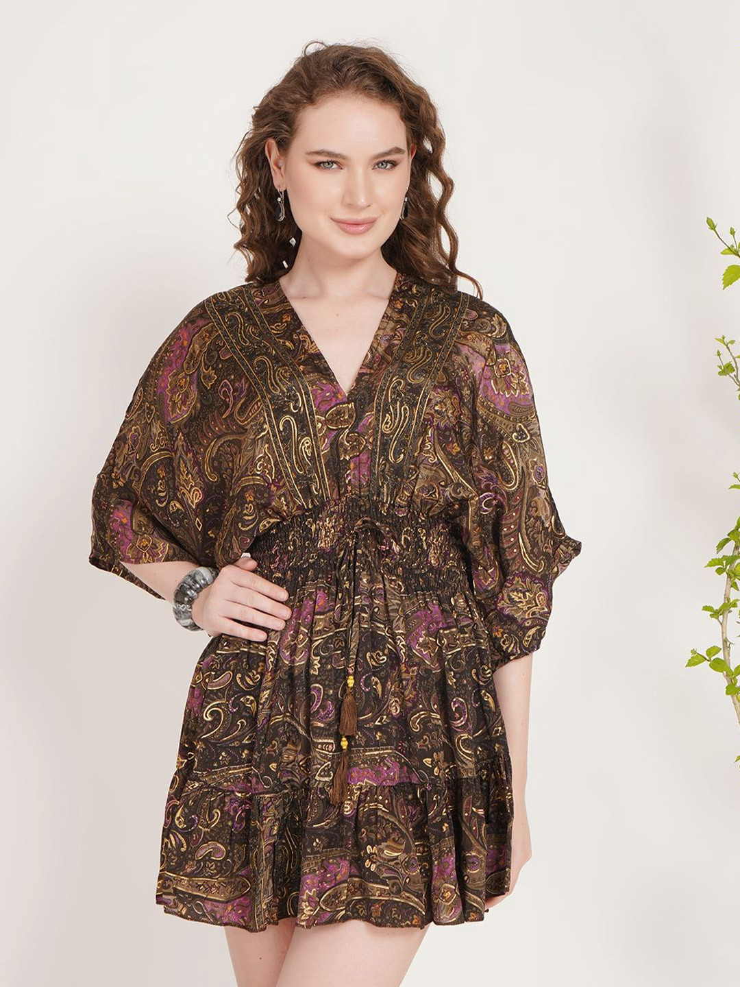 Boholyfe Amora Plum Gold Mini Kimono Dress