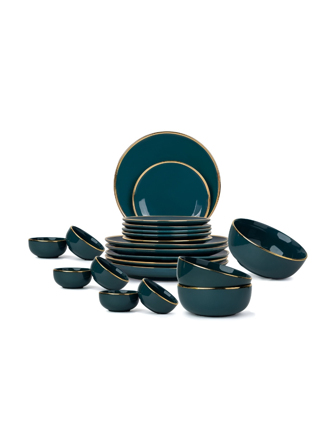 SHAY Goldline Series Teal Solid Ceramic Easy to Clean 21 Piece Dinner Set