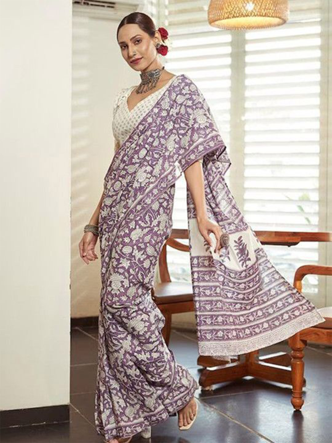 DIVASTRI Floral Ajrakh Printed Ready To Wear Mulmul Cotton Block Print Saree