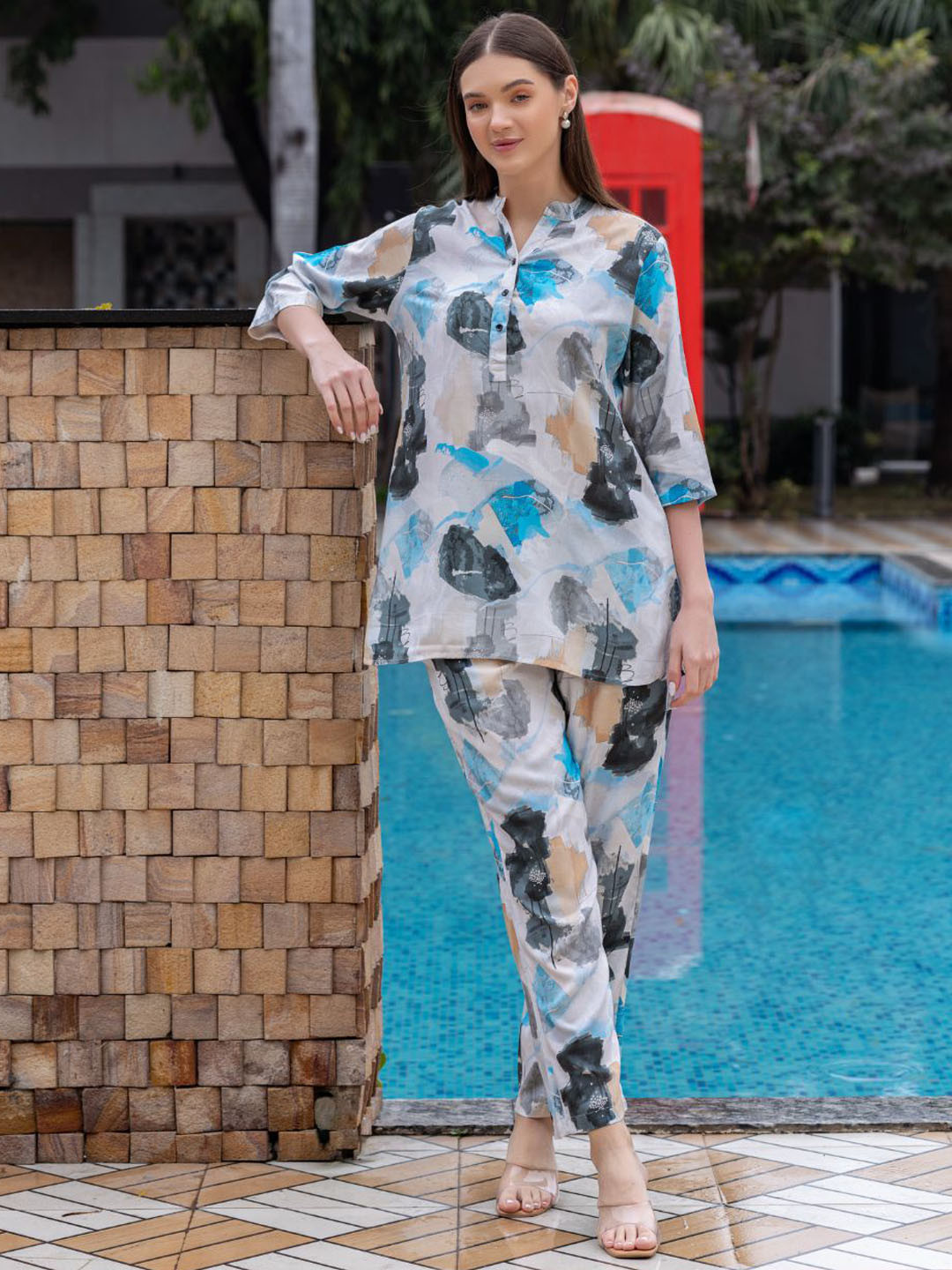 TITTLI Pretty Printed Relaxed Fit Mandarin Collar Tunic With Trousers Co-Ords