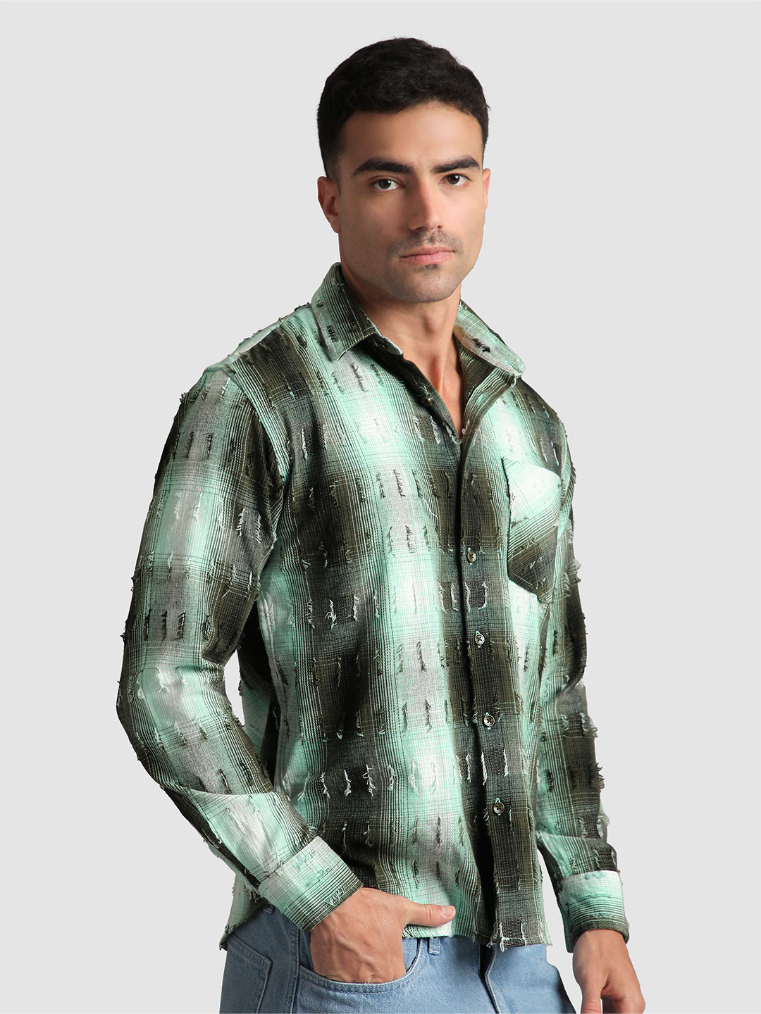 Beyoung Men Green Frayed Check Shirt
