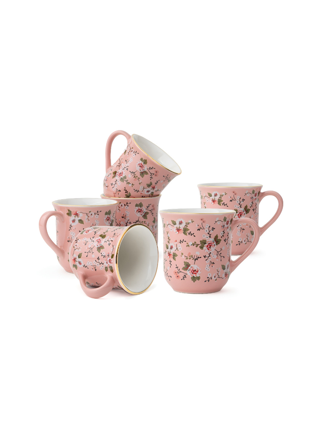 SHAY New Modern Design Pink Floral Ceramic Microwave Safe 6 Piece Mugs-180ml