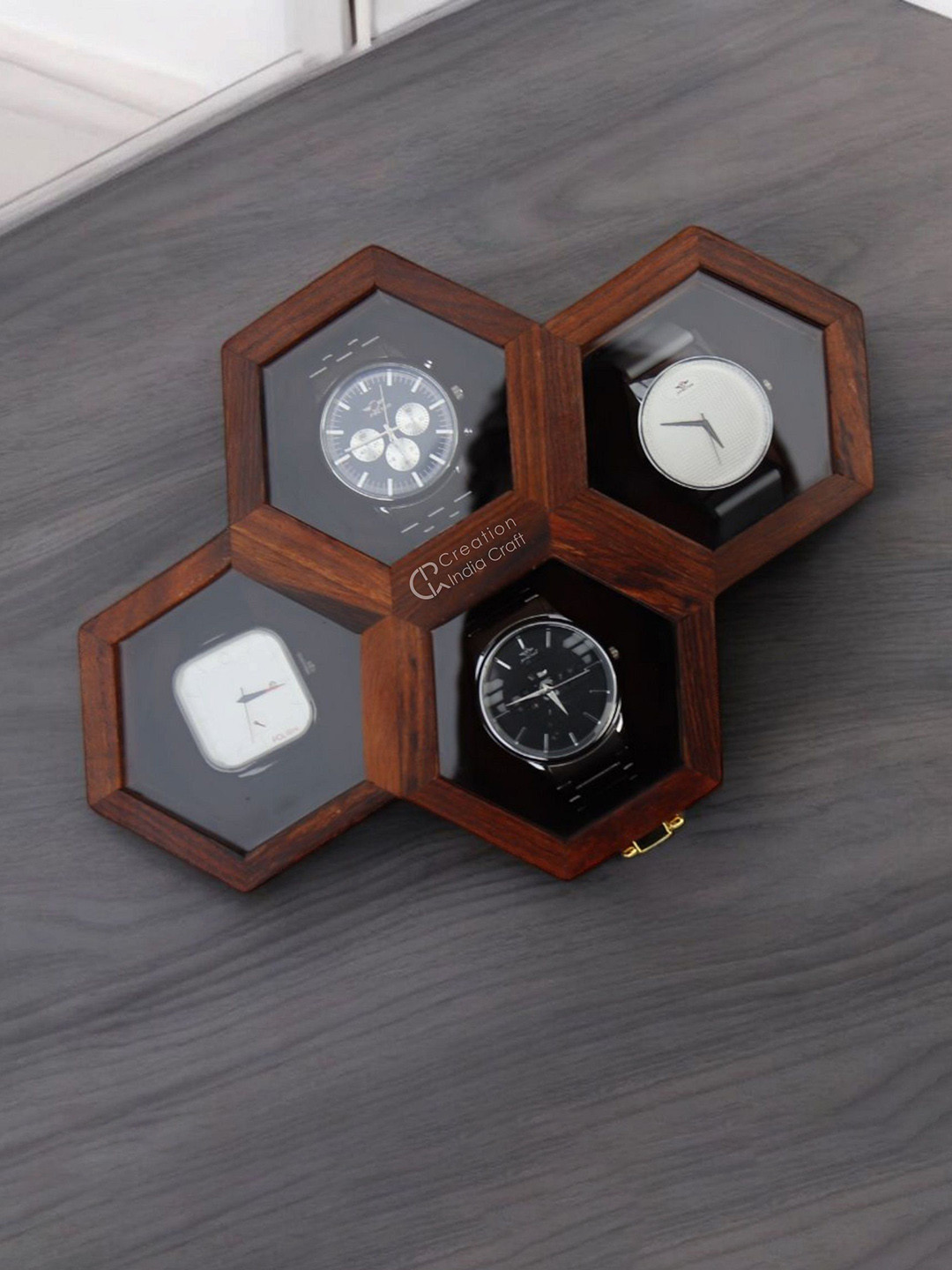 Creation India Craft Brown Wooden 4-Slot Vintage Watch Box