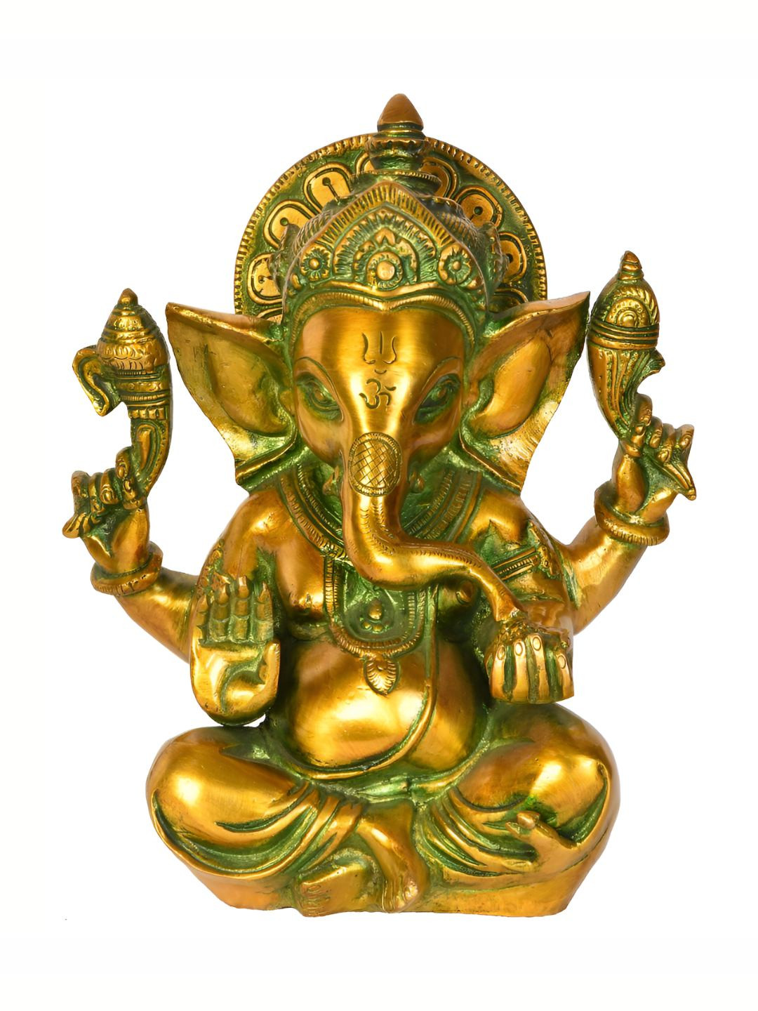 Exotic India Crown Ganesh Green Brass Metallic Prayer Room Small Showpiece - 8.2 Inches