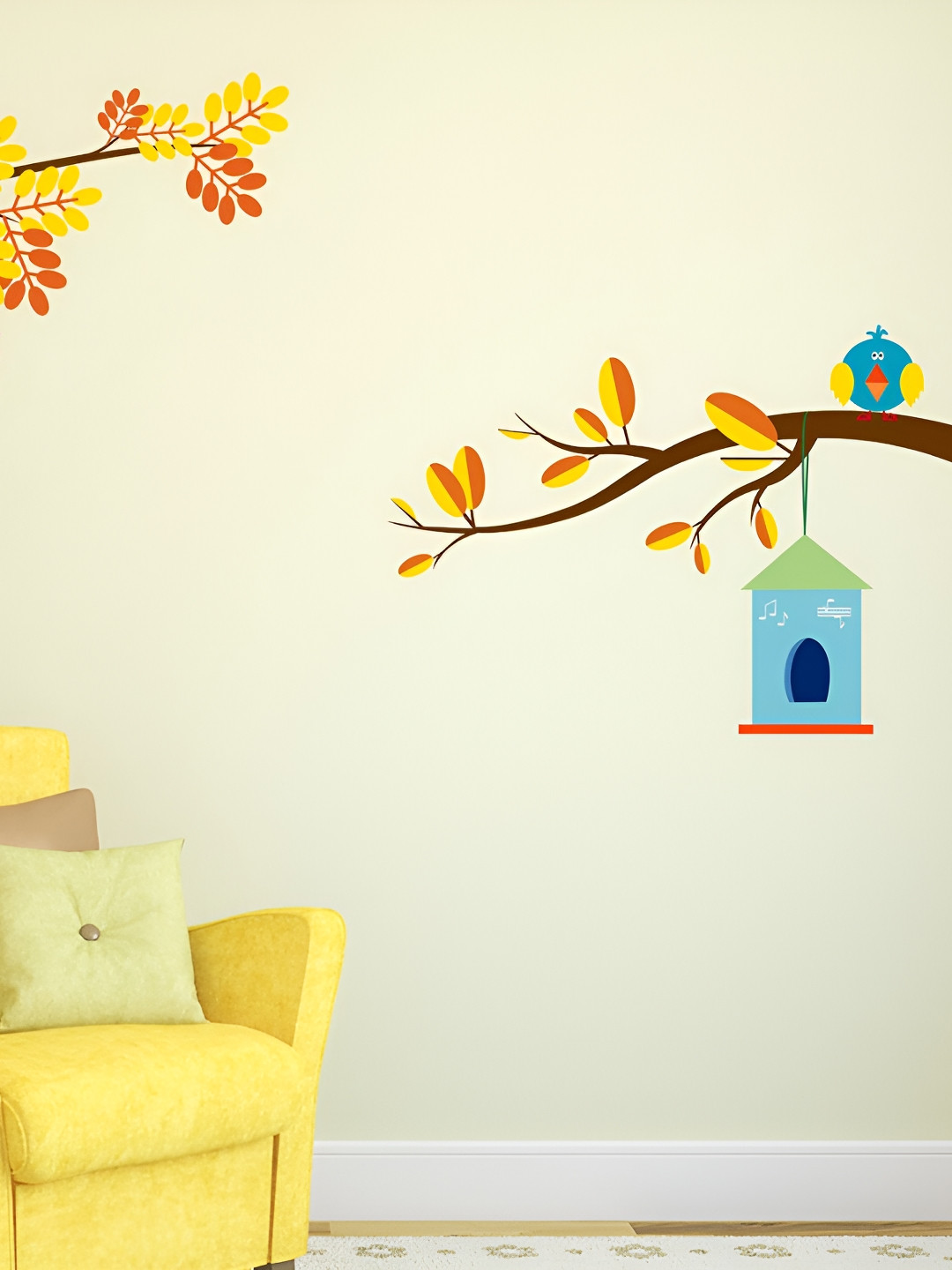 LANSTICK Yellow & Blue Tree With Birds & Cage Self Adhesive Wall Sticker