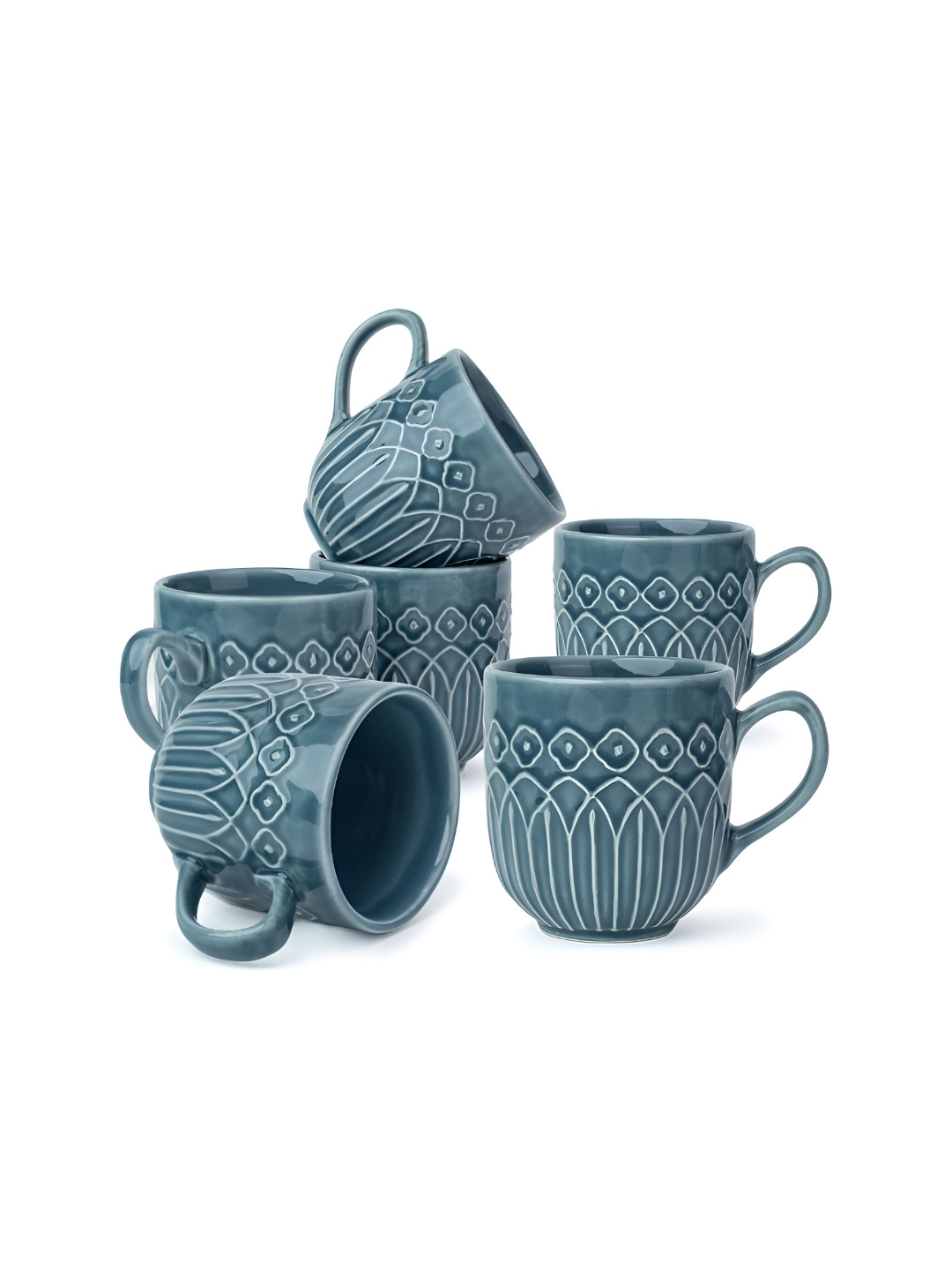 SHAY Pichwai Blue Textured Ceramic Handmade 6 Piece Mugs-330ml