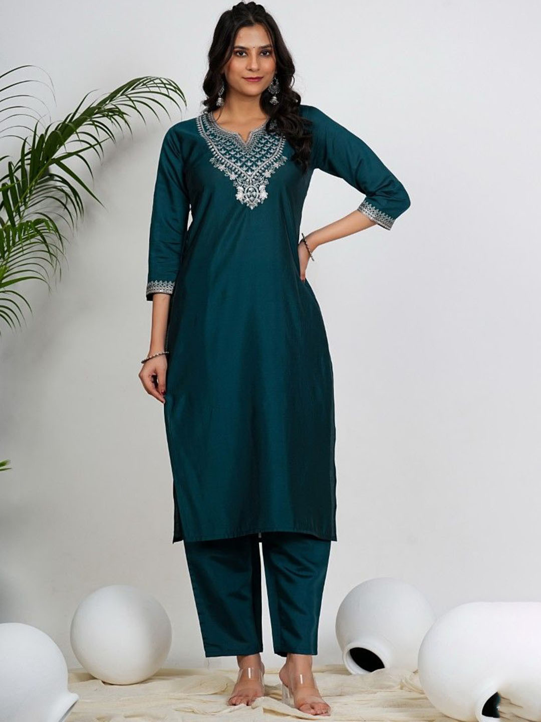 KALINI Women Floral Zari Work Embroidered Roman Silk Peacock Kurta with Trousers & Dupatta