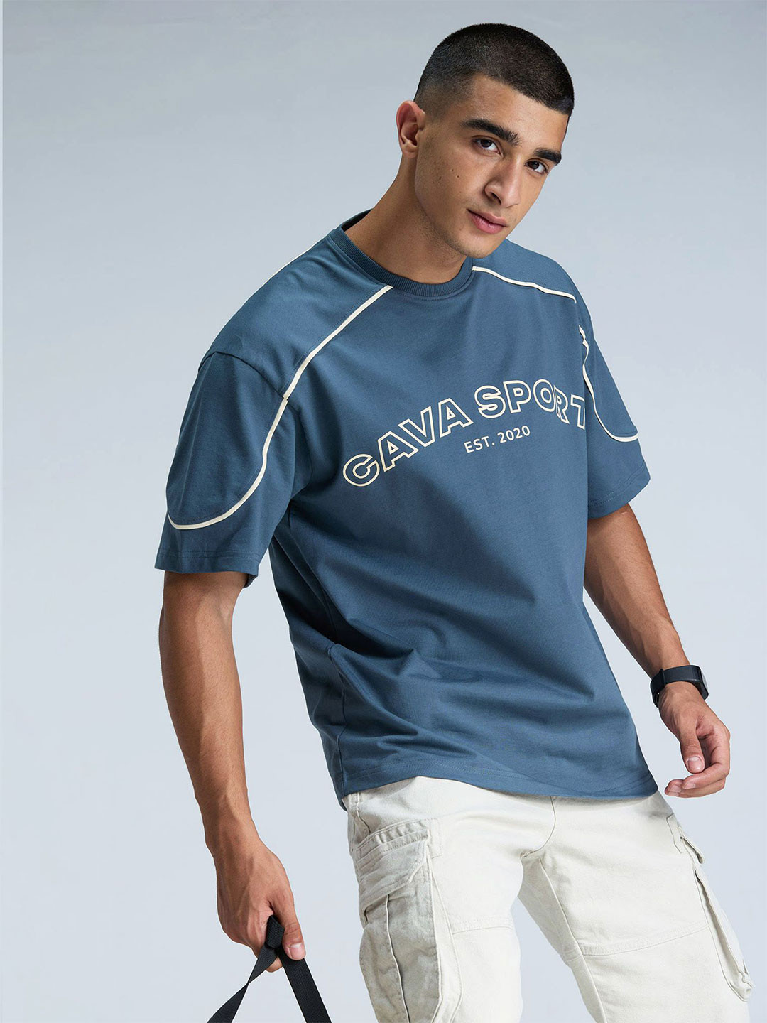 CAVA Men Steel Blue Round Neck Oversized Jersey Tshirts