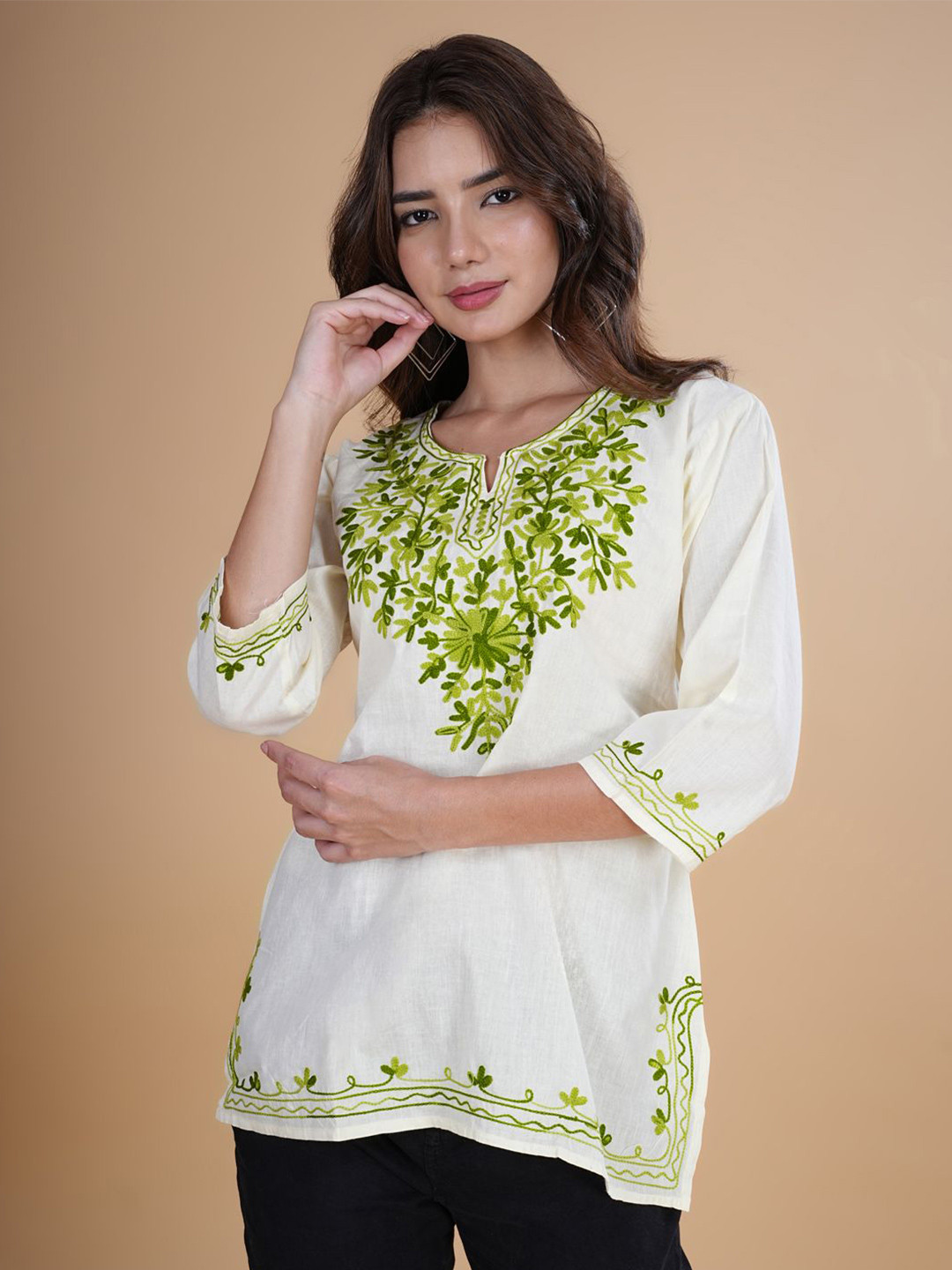 DESIGNER DHAAGE Floral Embroidered Notch Neck Pure Cotton Straight Kurti