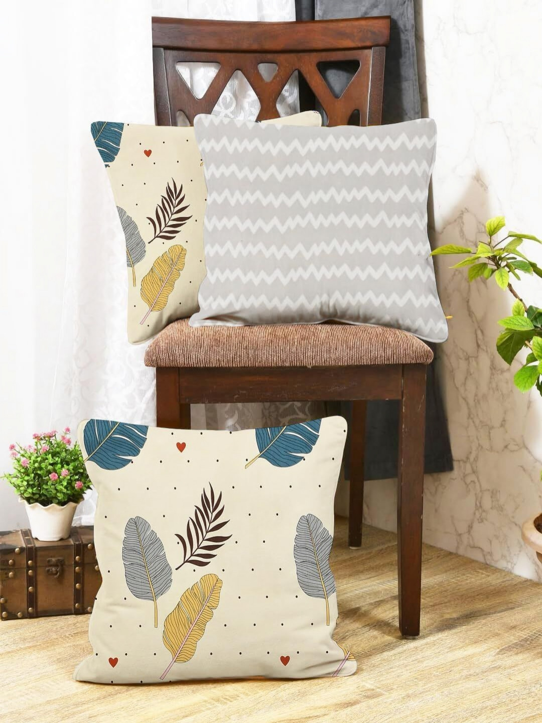 IVAZA Cream Leaf Polyester Silk Reversible 3 Piece Square Cushion Covers -12x12In