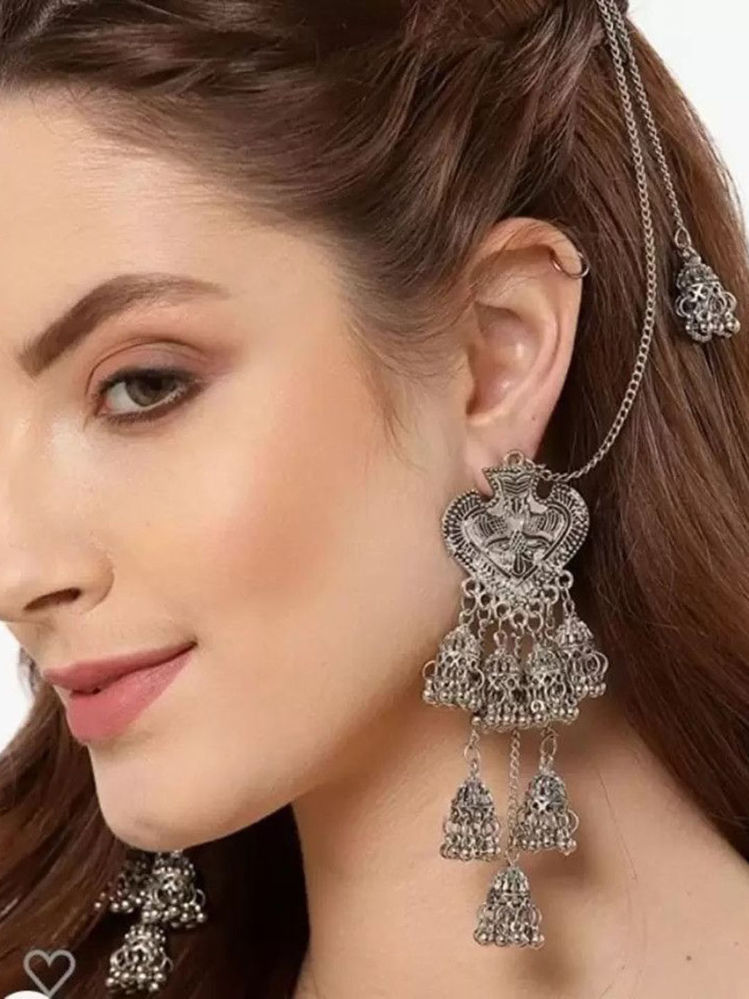 Sangria Silver Plated Artificial Beads Beaded Heart Shaped Oxidised Drop Earrings