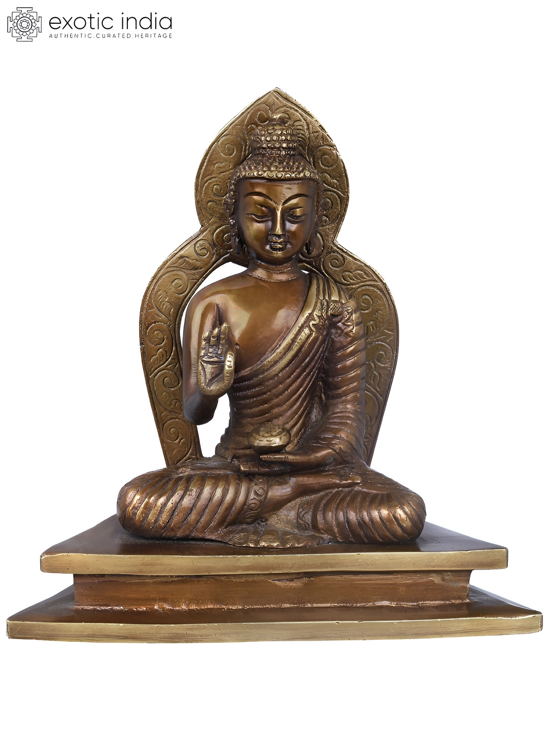 Exotic India Tibetan Buddhist Seated Buddha Brown Brass Metallic Living Room Hand Made Small Showpiece - 7.5 Inches