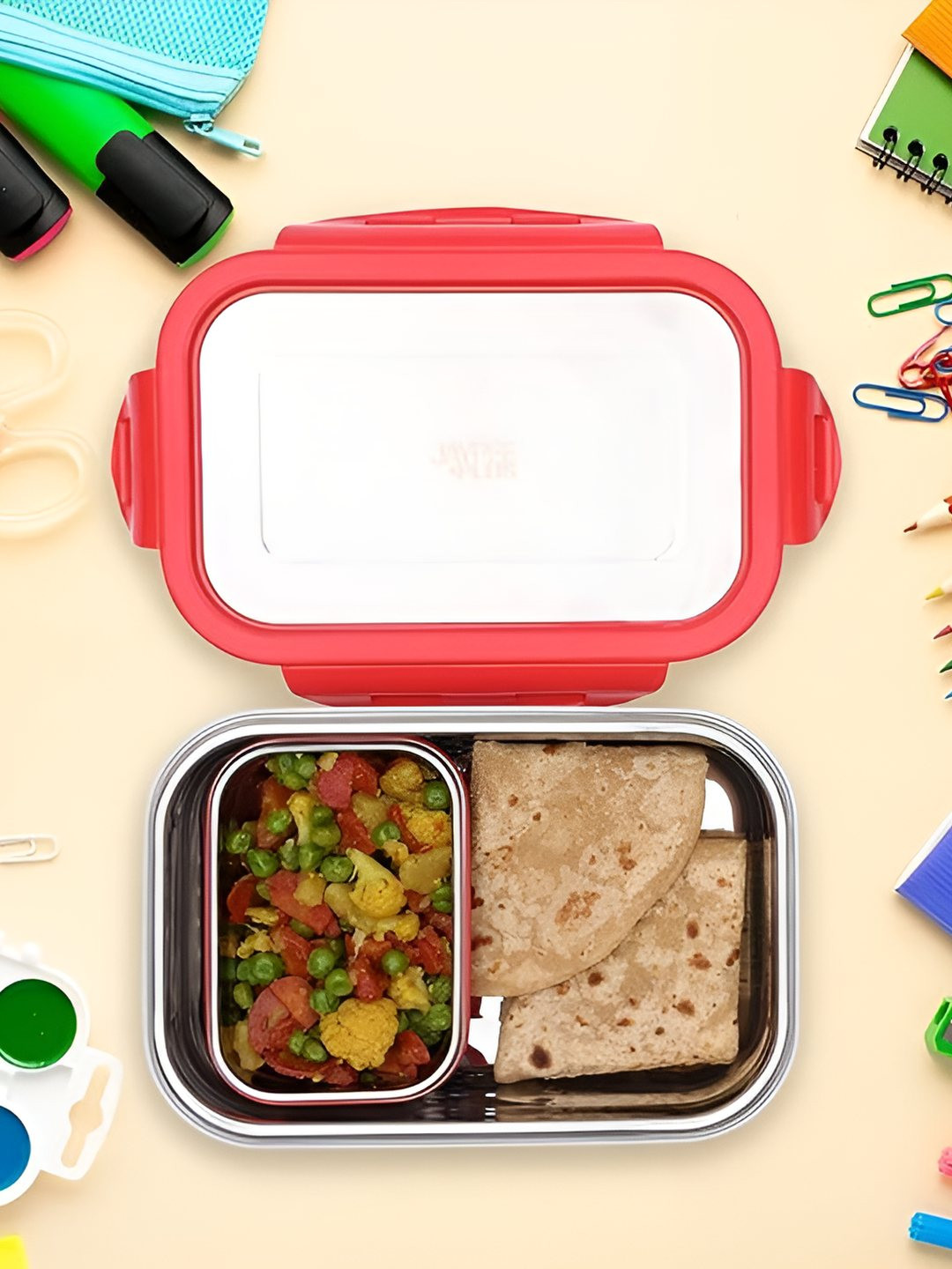 JAYPEE PLUS CAPTAINS Red Solid Plastic Easy to Clean 3PCs Lunch Box With Spoon and Fork