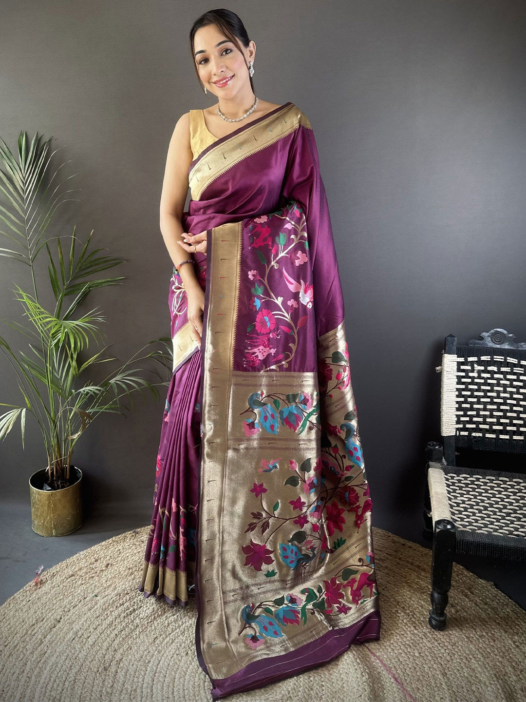 Panzora Floral Woven Design Zari Pure Litchi Silk Paithani Saree