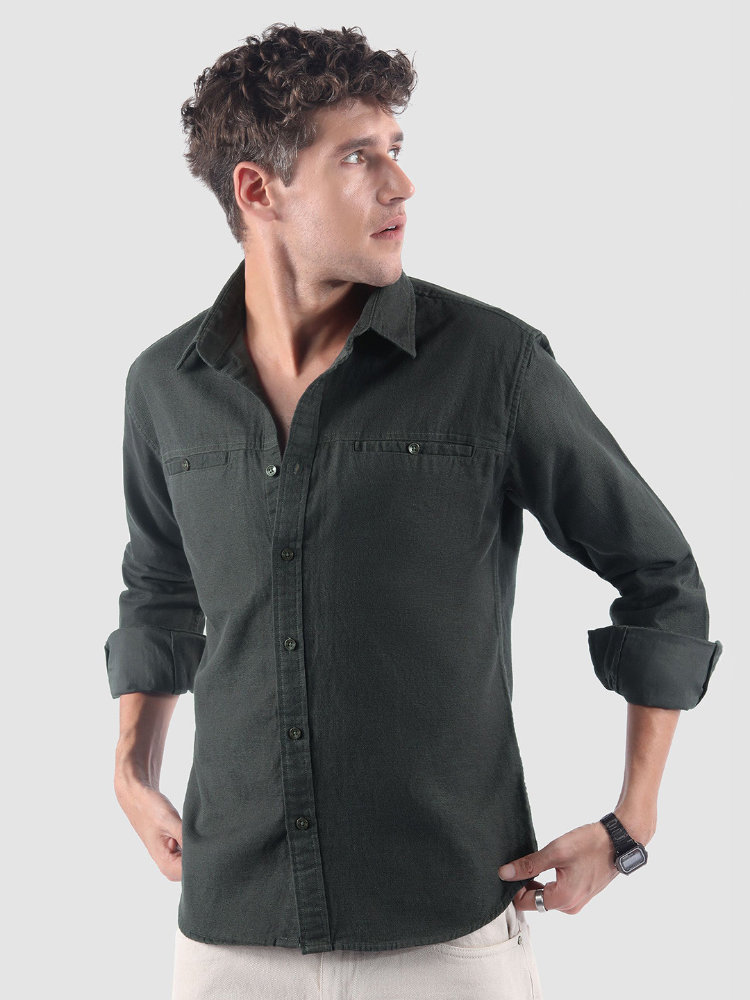 Beyoung Men Grey Welt Pocketed Shirt