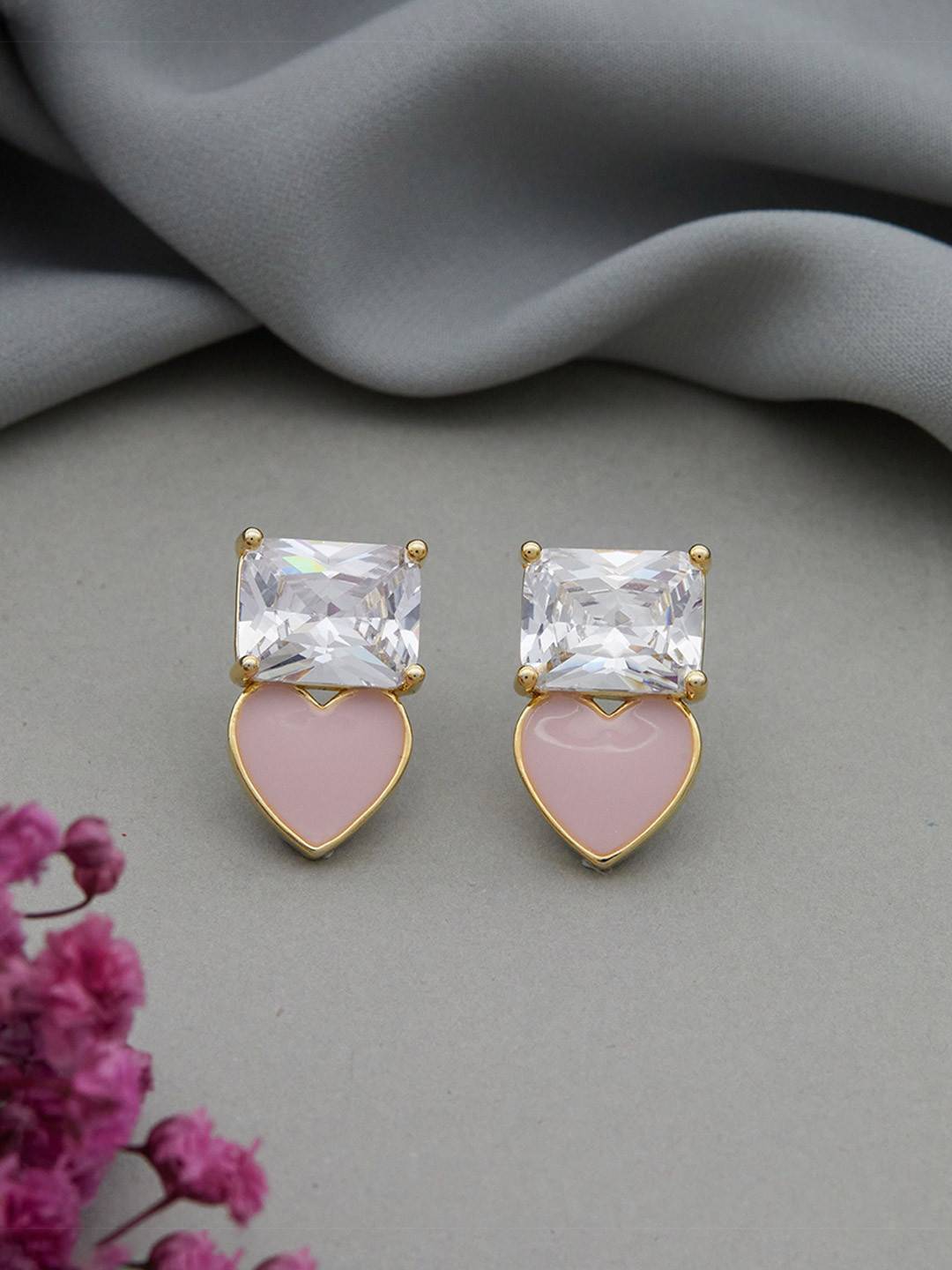 GC Jewelery Gold-Plated Artificial Stones Studded Heart and Square Shaped Studs