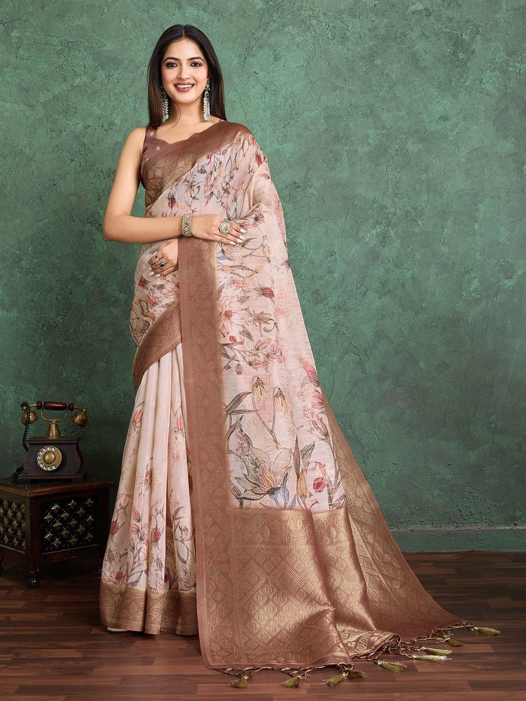 all about you Floral Printed Zari Silk Cotton Saree