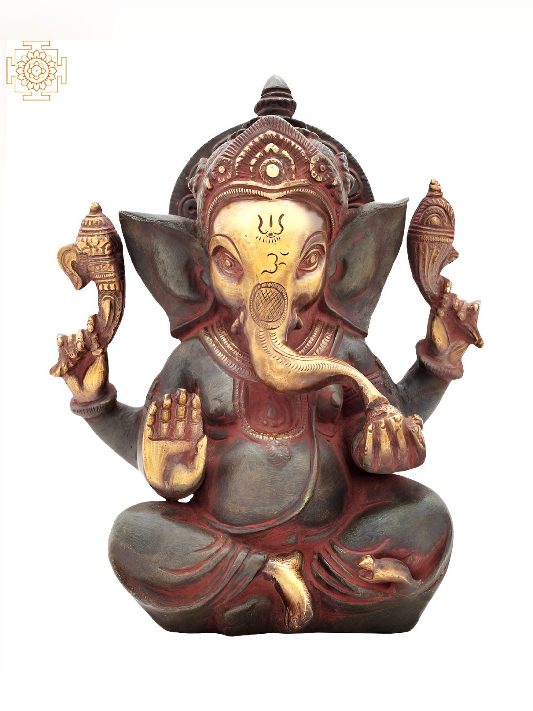 Exotic India Crown Ganesha Green Brass Metallic Prayer Room Small Showpiece - 8.2 Inches