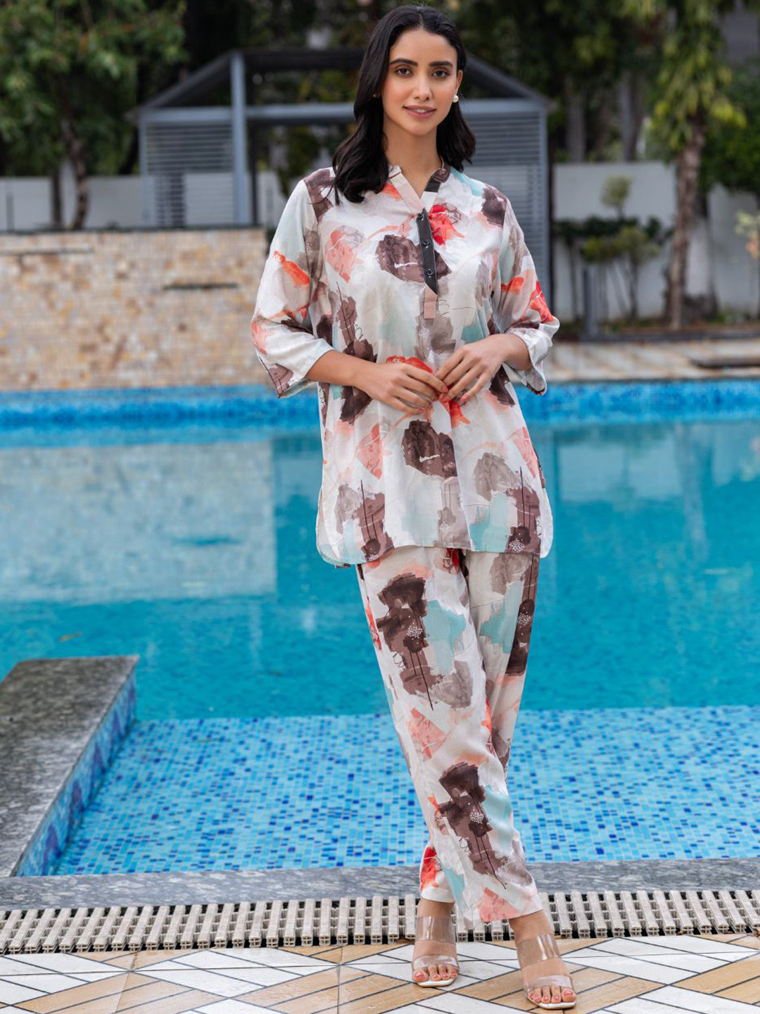 TITTLI Pretty Printed Relaxed Fit Mandarin Collar Tunic With Trousers Co-Ords