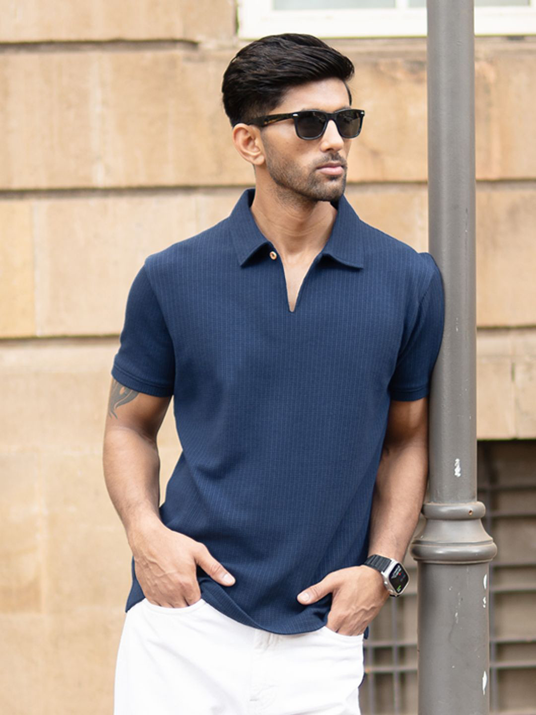 Powerlook Men Navy Structured Polo T-Shirt
