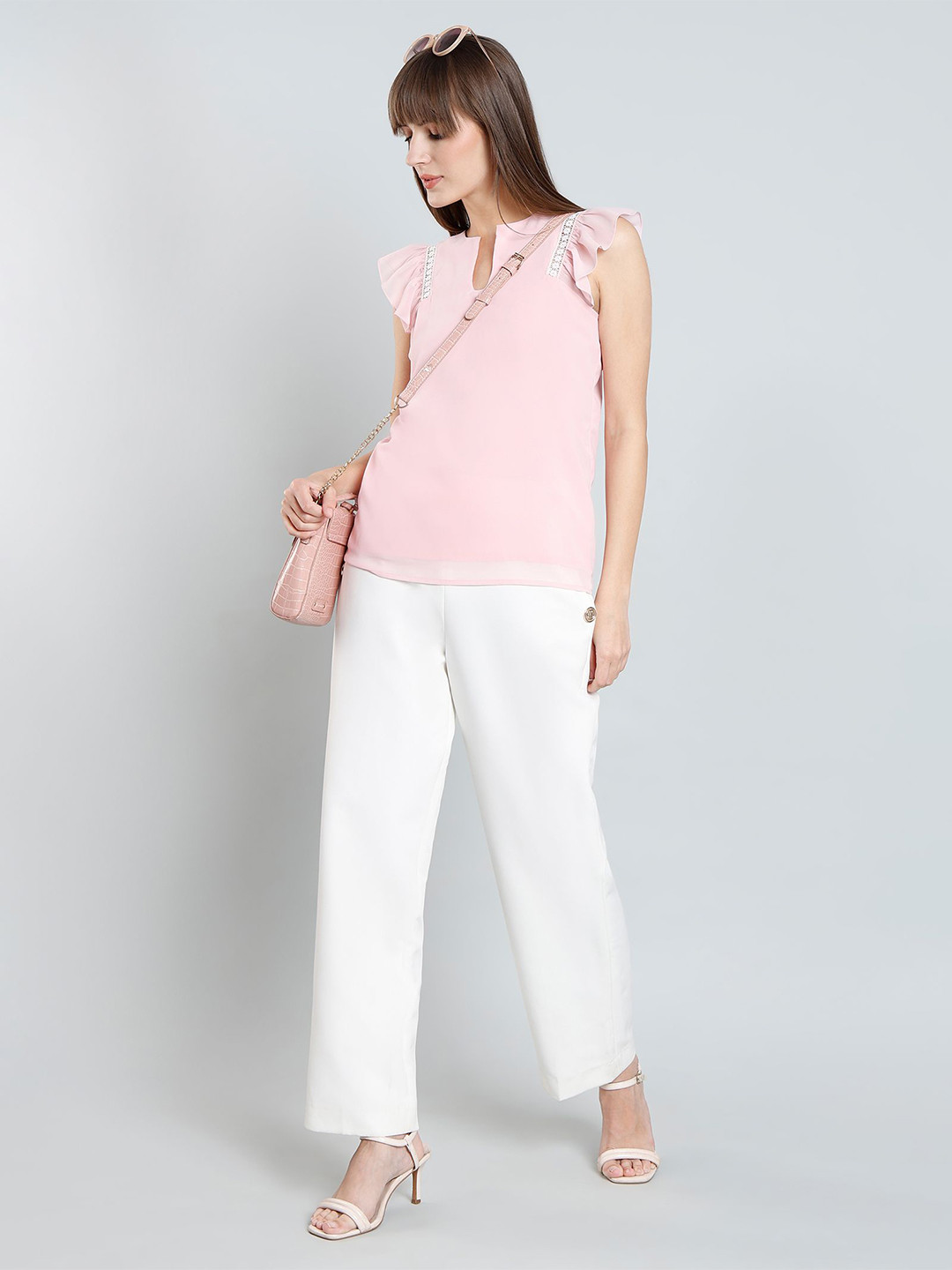 MISH X Keyhole Neck Flutter Sleeves Georgette Top