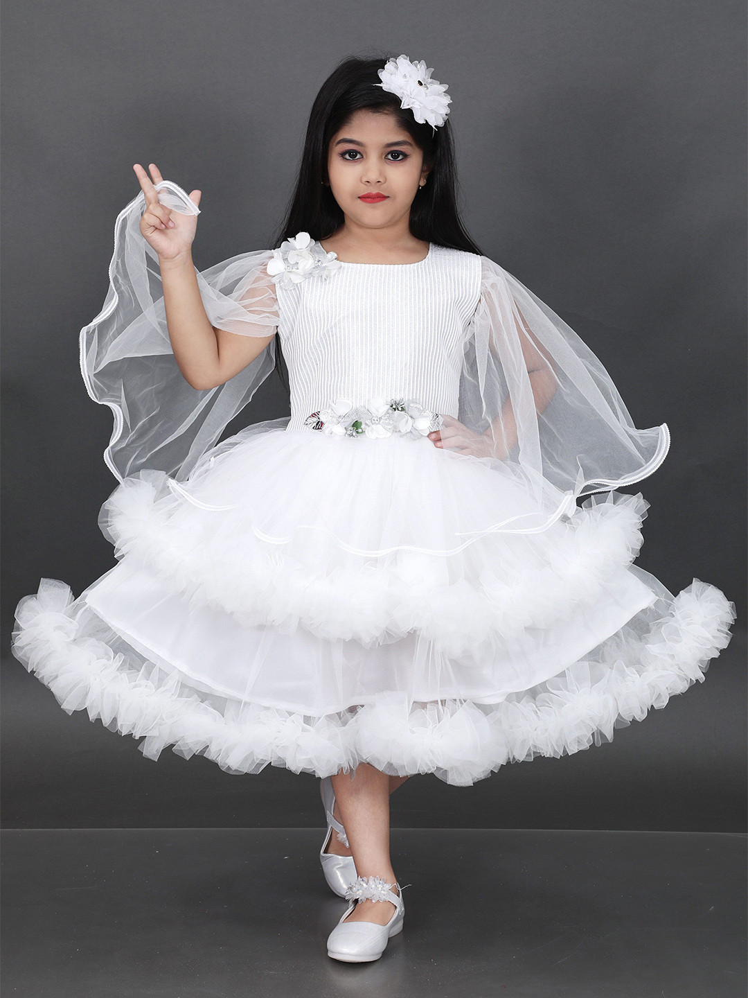 PN Fashion Girls Cape Sleeve Layered Net Fit & Flare Dress